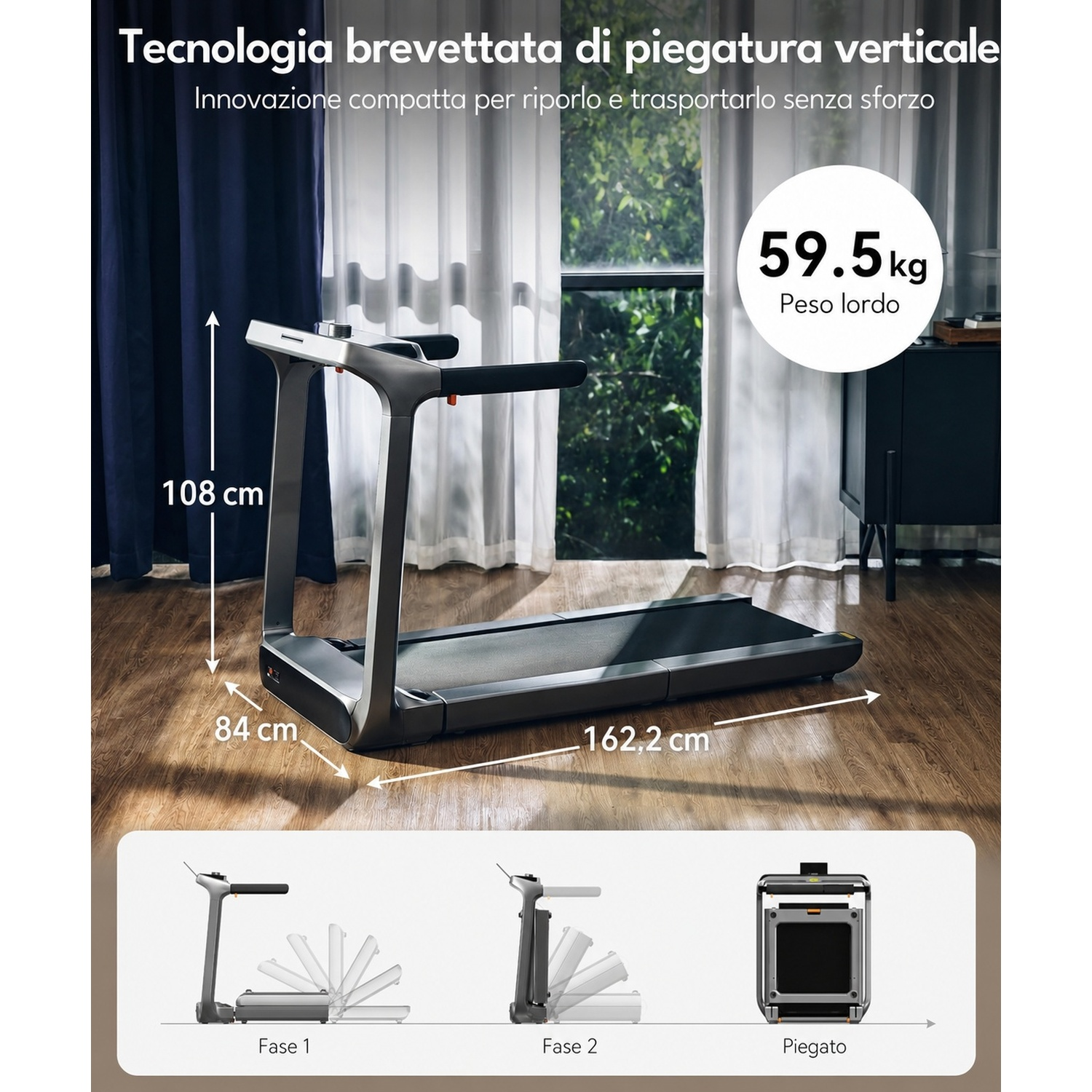 Un tapis roulant grigio con misure di altezza, larghezza e lunghezza. Mostra tre stati: aperto, parzialmente piegato, piegato.