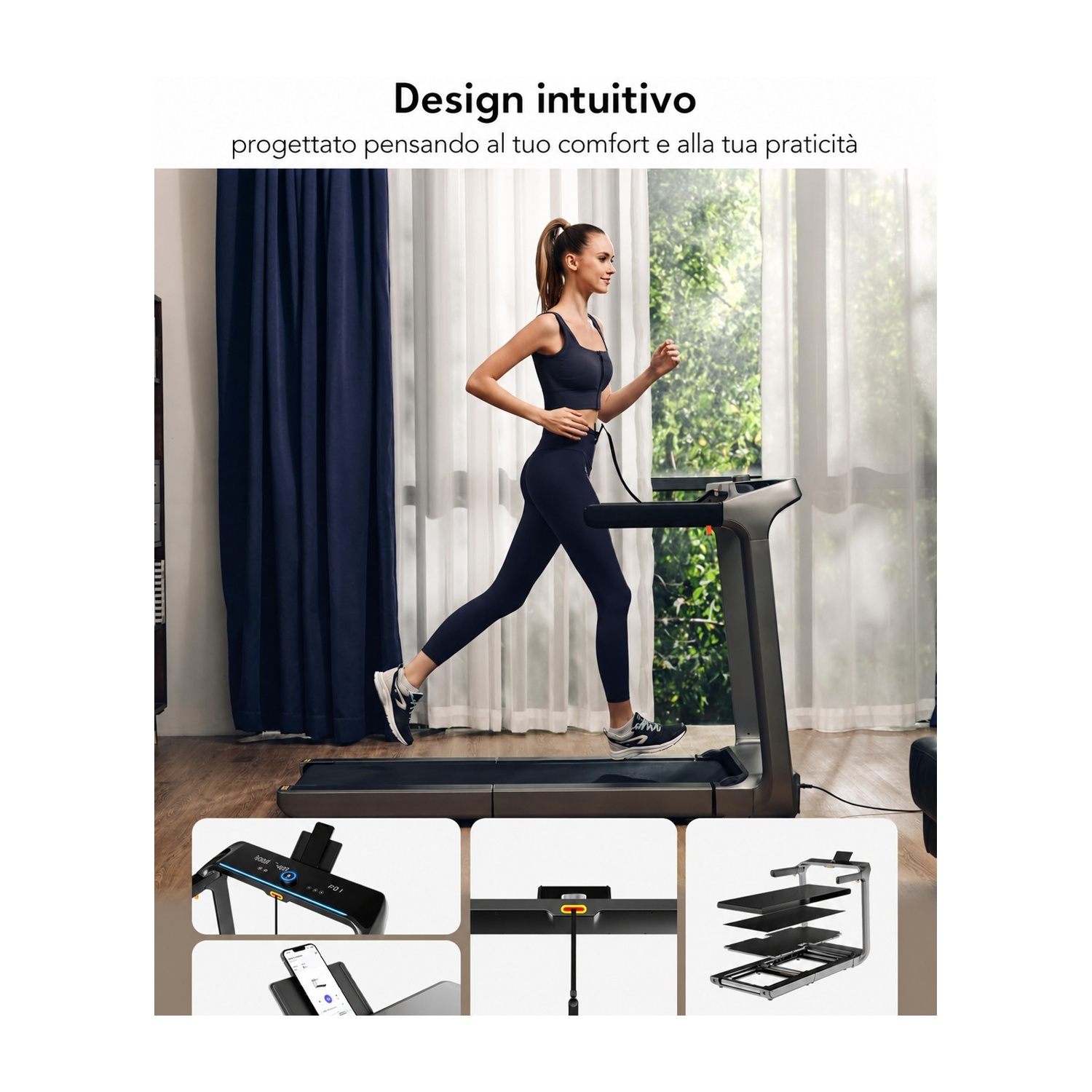 Donna su tapis roulant, con primi piani di console, supporto telefono e design pieghevole.