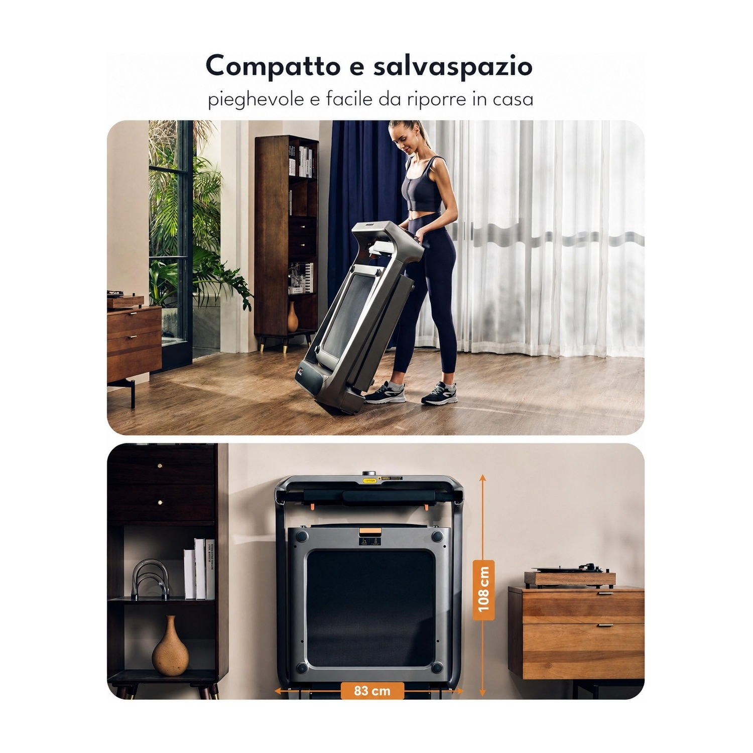 Una donna piega un tapis roulant grigio in un soggiorno moderno. Sotto è piegato.