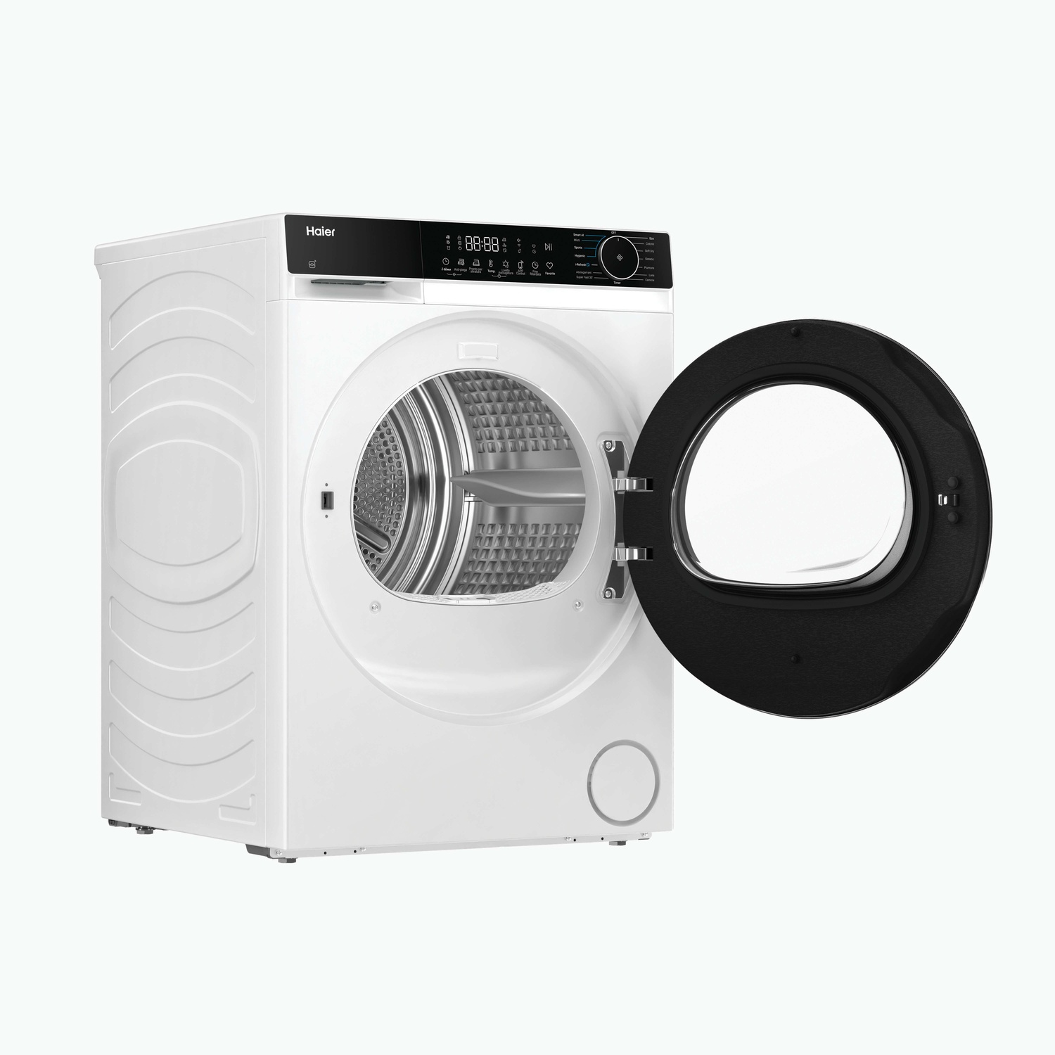 Una asciugatrice bianca Haier con la porta nera aperta, che mostra un display digitale.