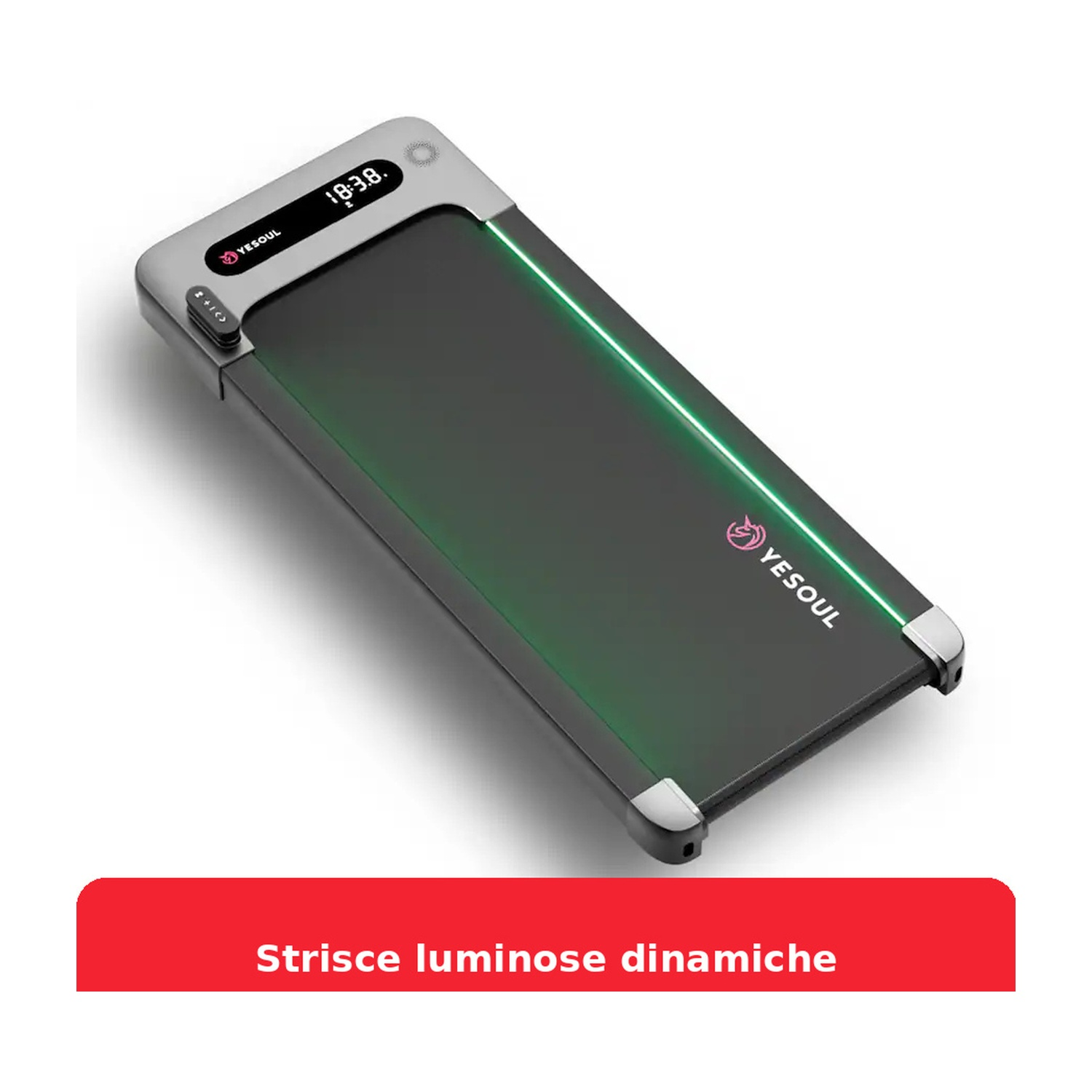 Un tapis roulant grigio e nero con strisce LED verdi e display digitale.