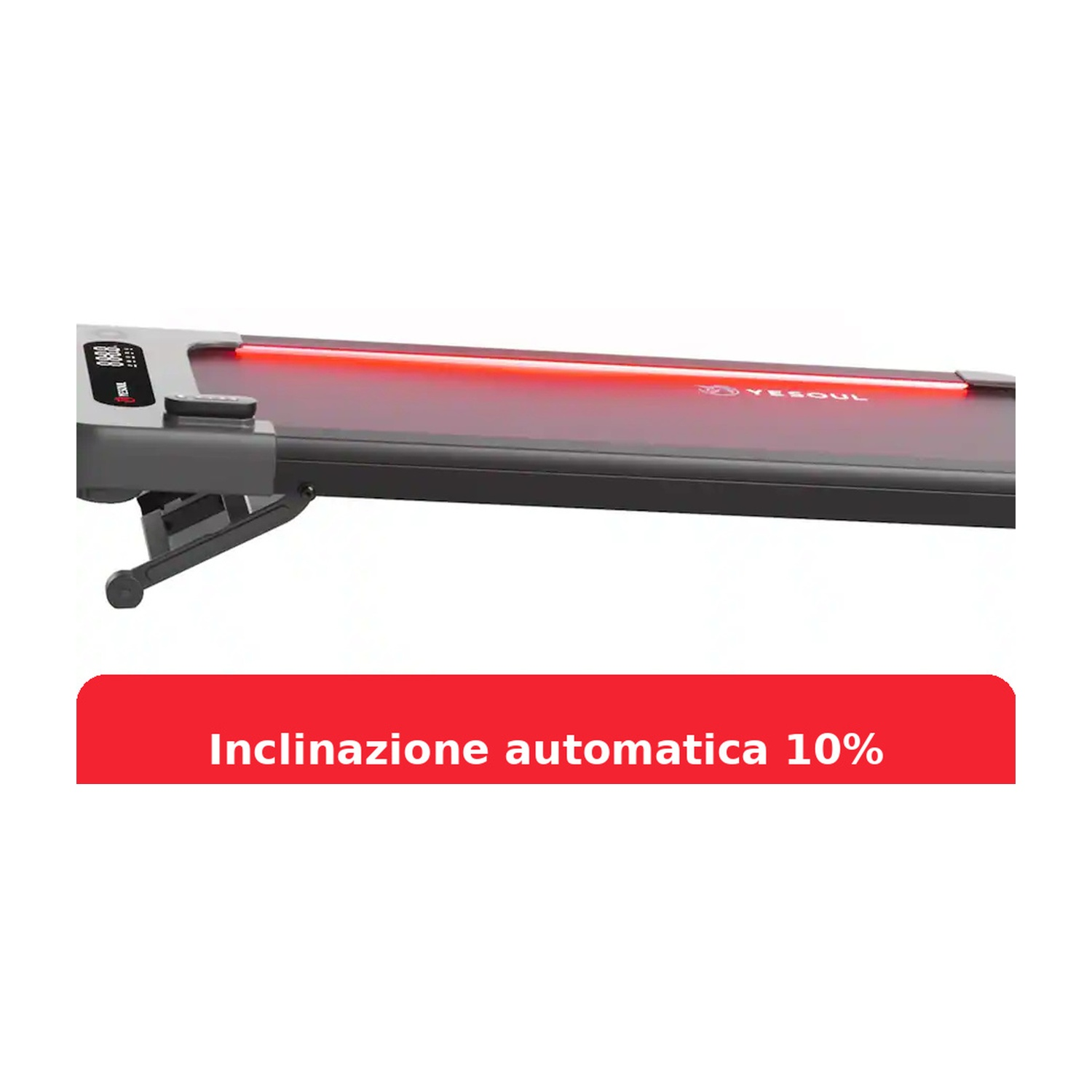 Tapis roulant grigio con striscia luminosa rossa e display. Testo: Inclinazione automatica 10%.