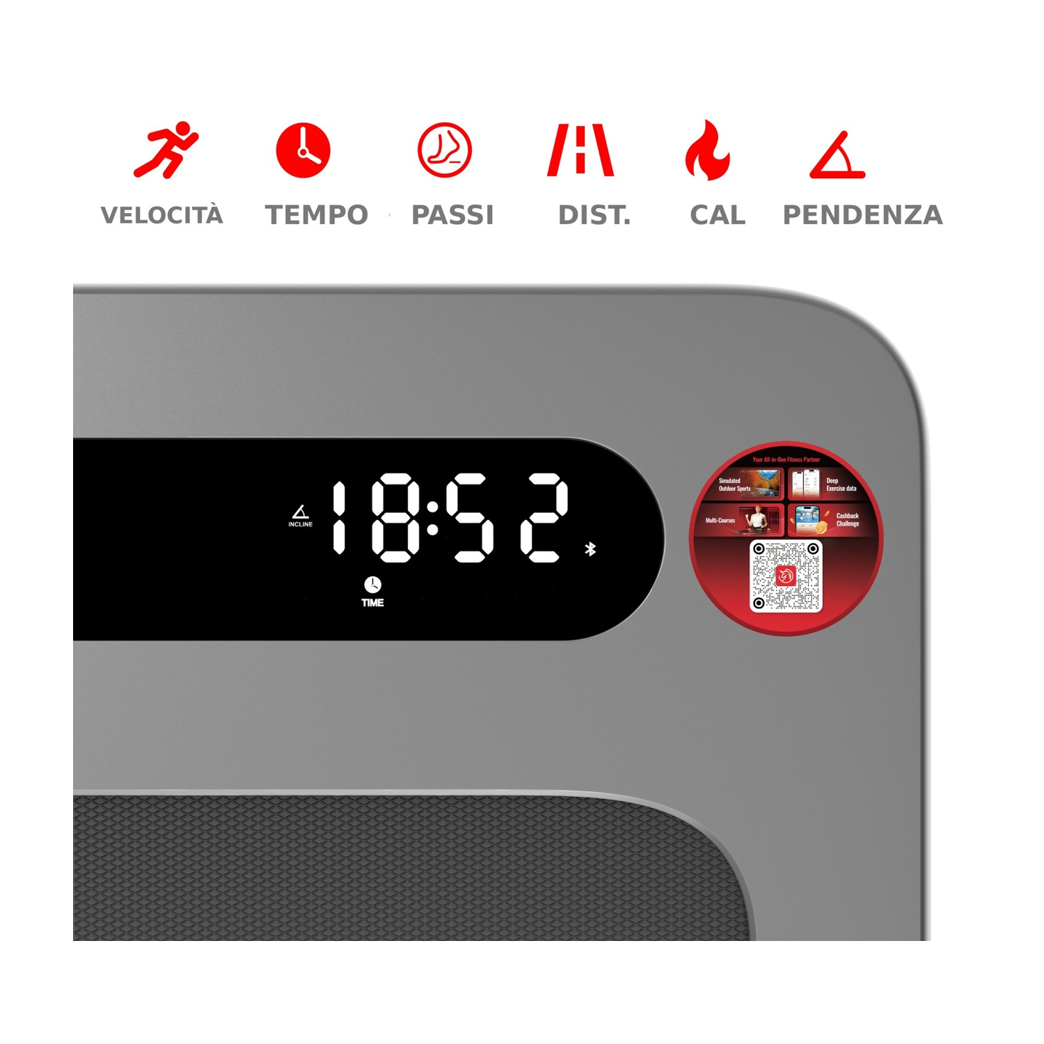Display tapis roulant con icone per velocità, tempo, passi, distanza, calorie, pendenza e orologio.
