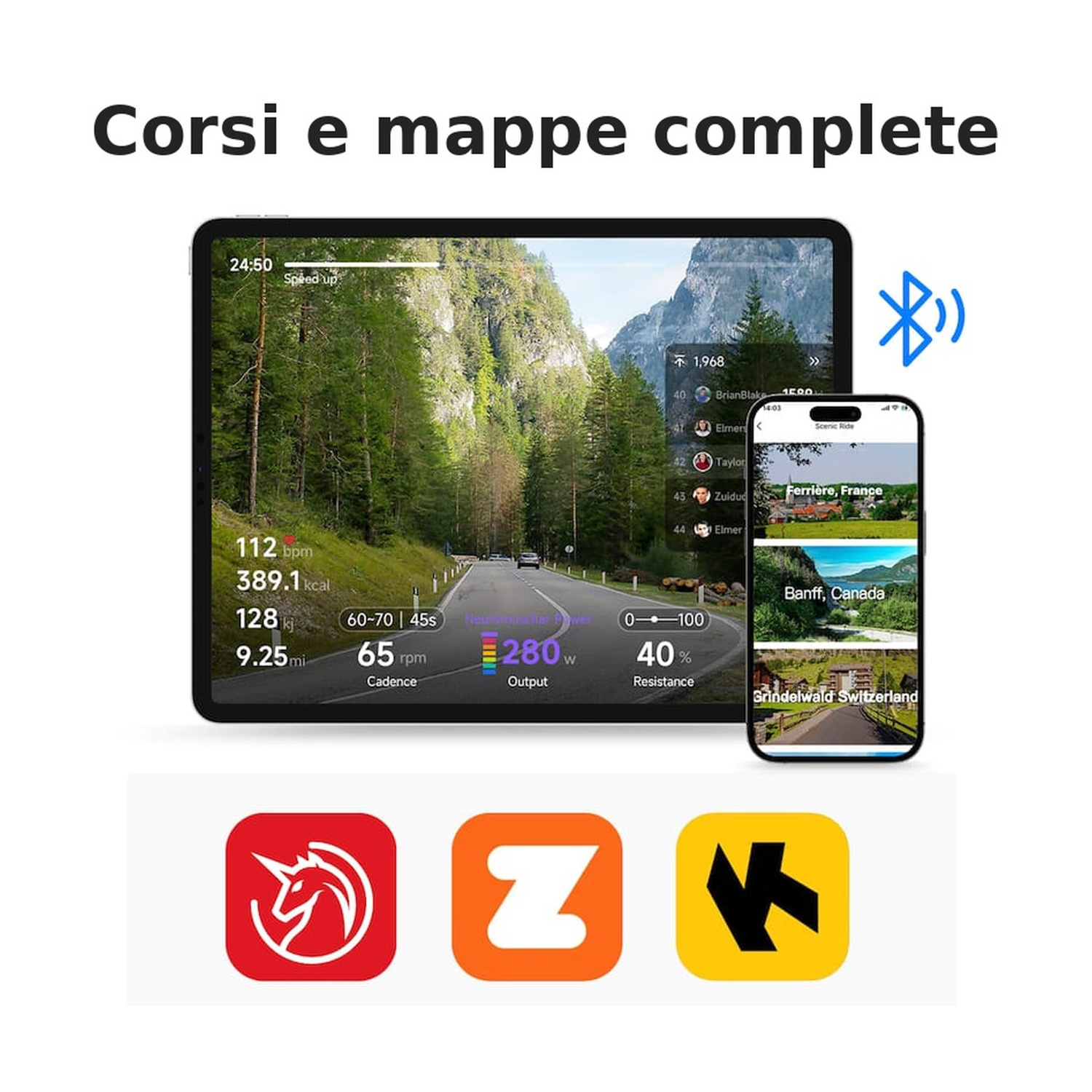 Interfaccia app con dati di allenamento e percorsi su tablet e telefono. Loghi in basso.