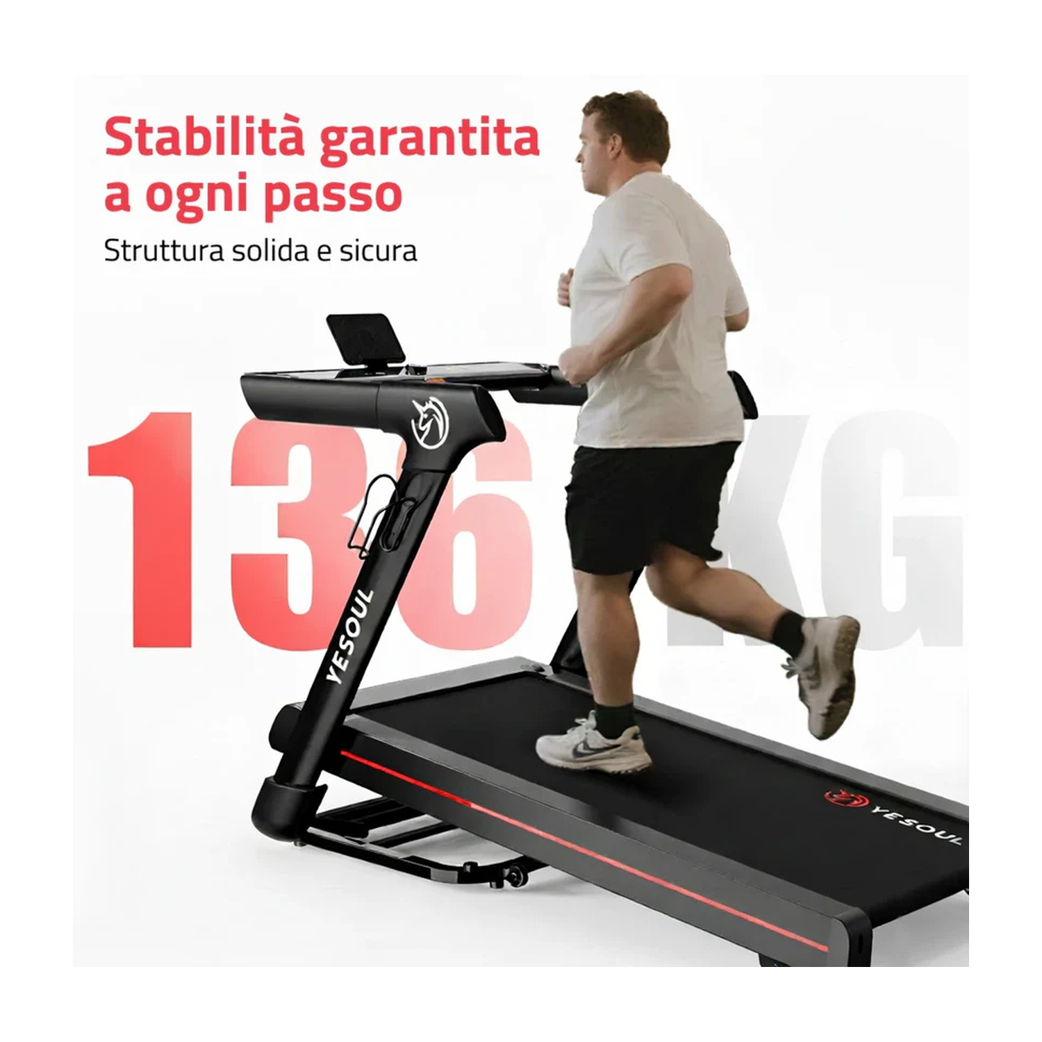 Un uomo corre su un tapis roulant. Grandi numeri rossi 