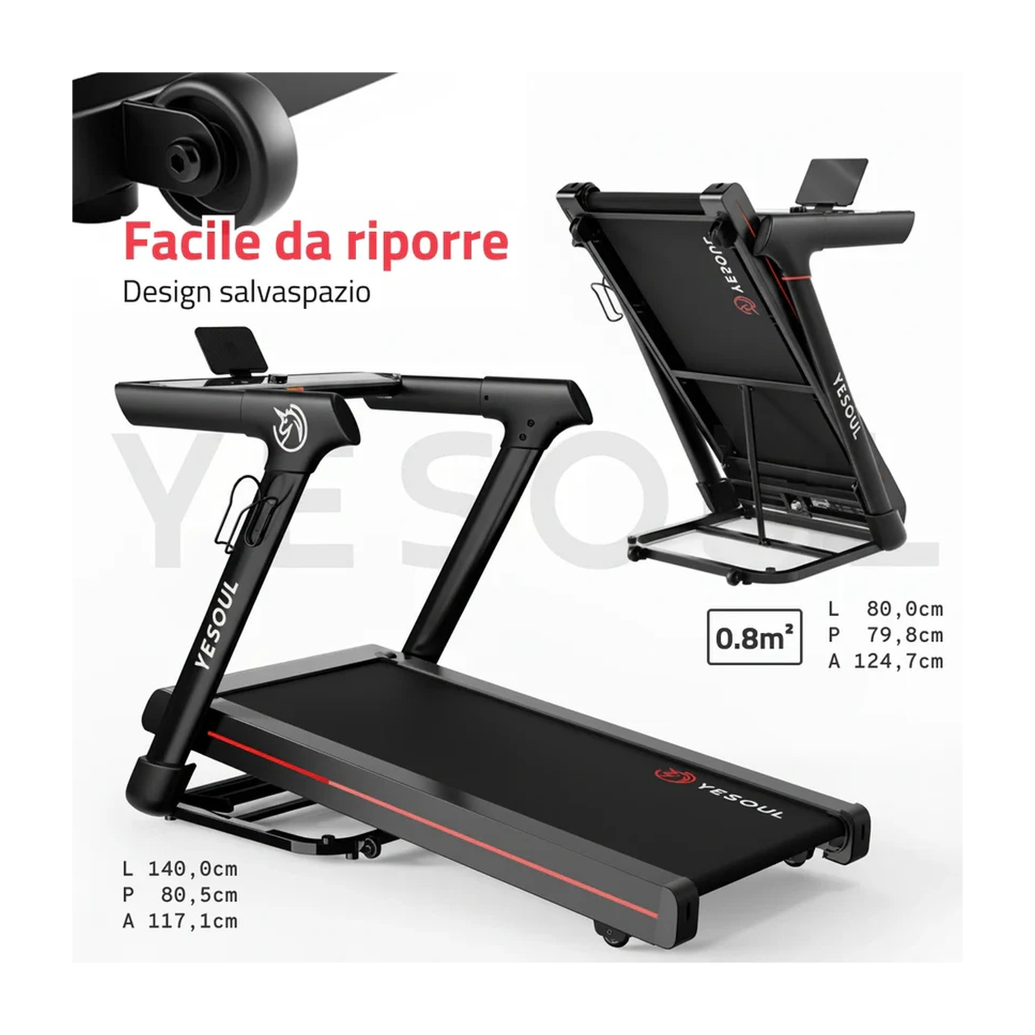 Tapis roulant nero YESOUL, pieghevole, con accenti rossi e dimensioni.