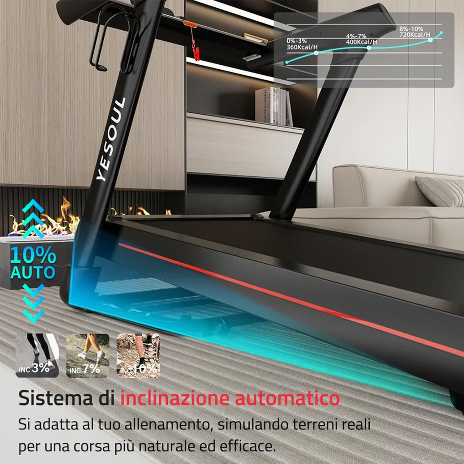 Un tapis roulant nero con sistema di inclinazione automatico, che mostra una pendenza del 10%.