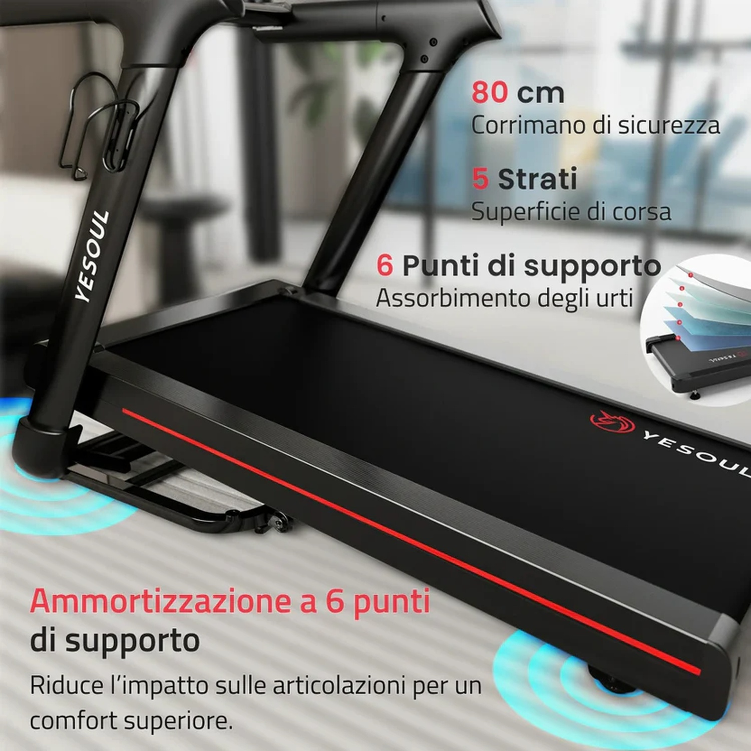Tapis roulant nero con accenti rossi, testo su sicurezza e ammortizzazione.