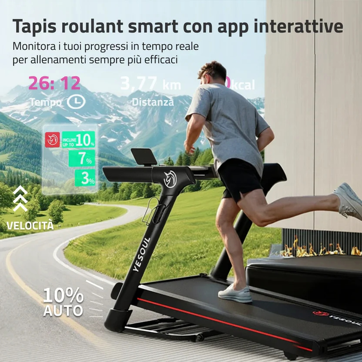 Uomo corre su tapis roulant con montagne sullo sfondo. Display mostrano tempo e distanza.