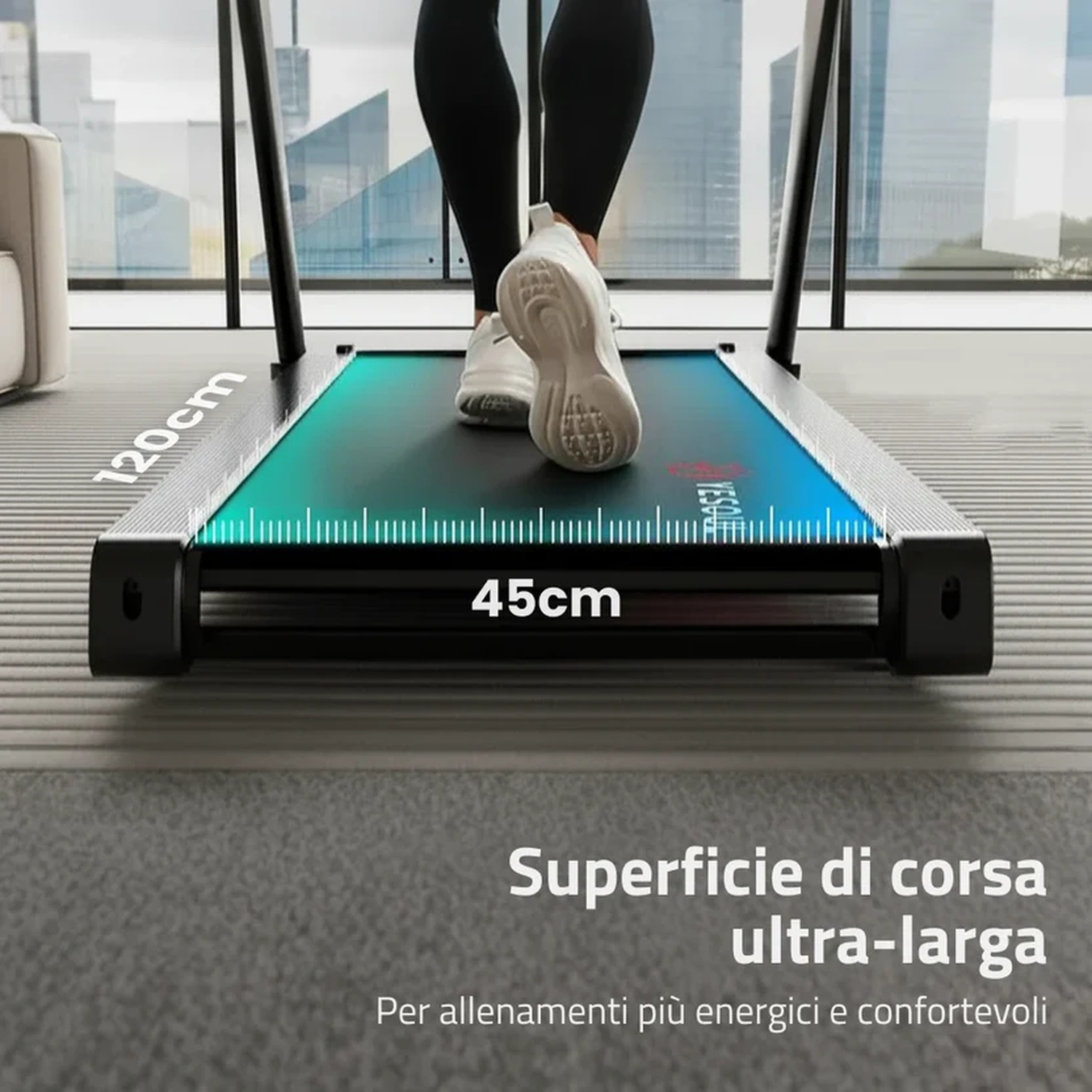 Persona su tapis roulant con indicazioni di 120 cm e 45 cm.