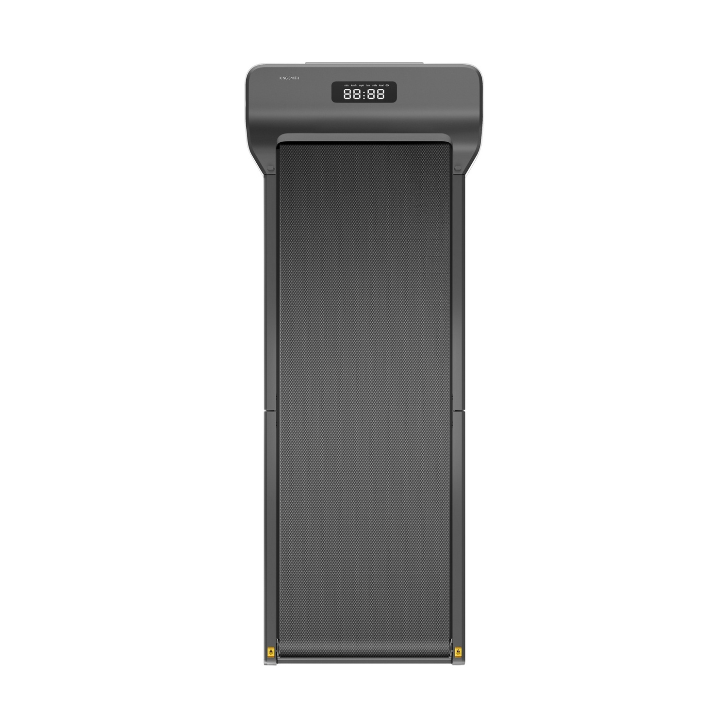 Tapis roulant grigio con display digitale che mostra 88:88. Design pieghevole.