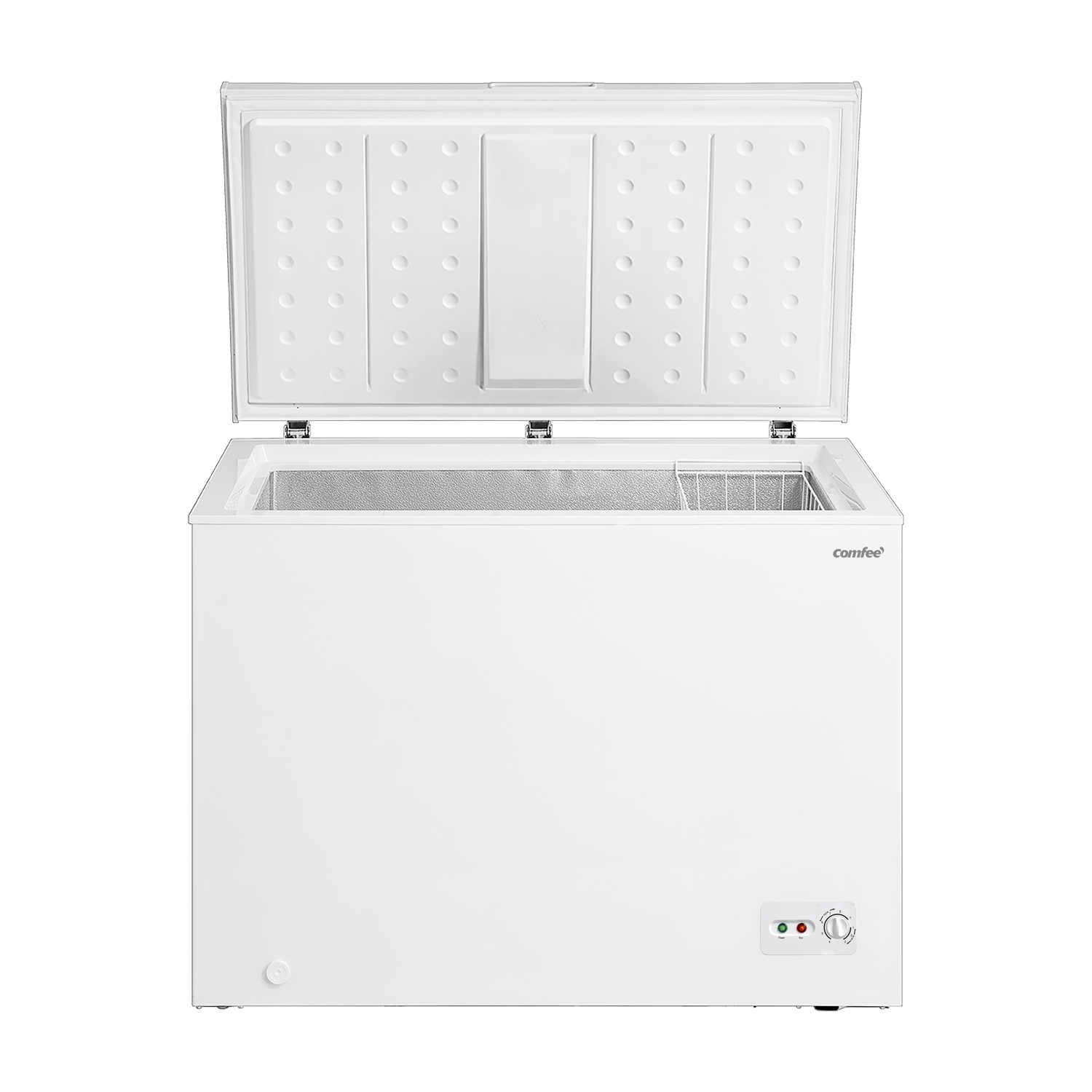 Un congelatore a pozzetto bianco con coperchio aperto, cestello interno e comandi visibili.