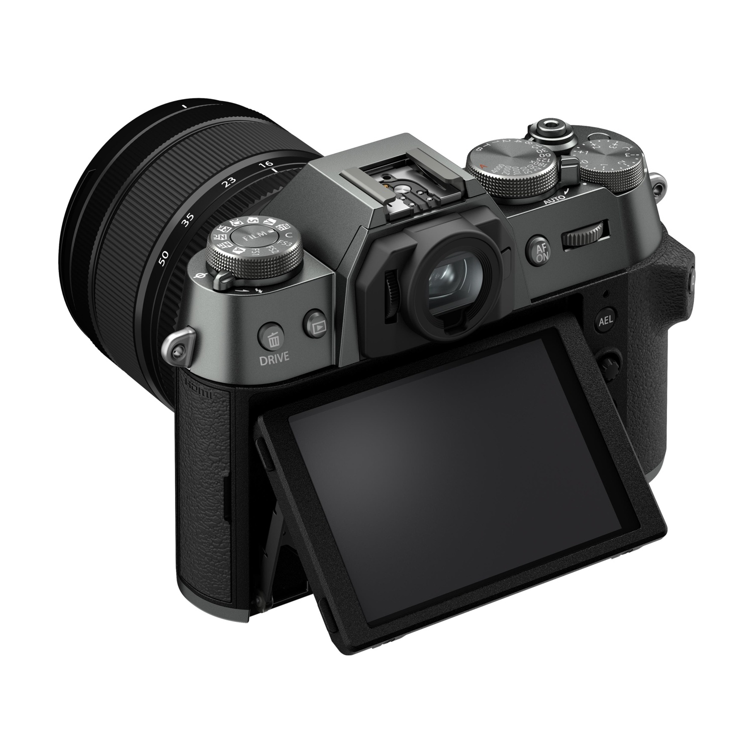 Fotocamera digitale grigia con schermo e obiettivo estesi, su sfondo bianco.
