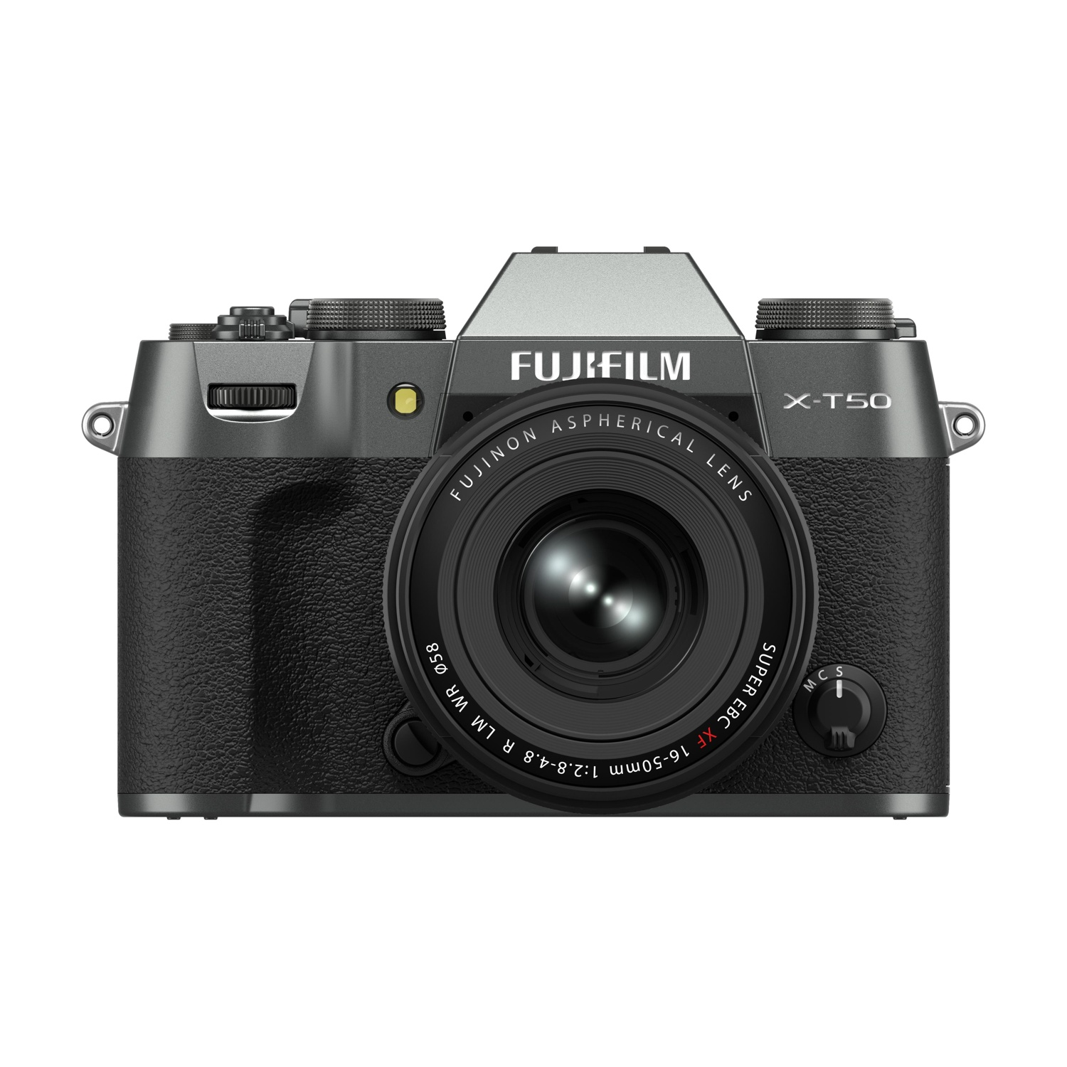 Una fotocamera Fujifilm X-T50 grigia con obiettivo 16-50mm.