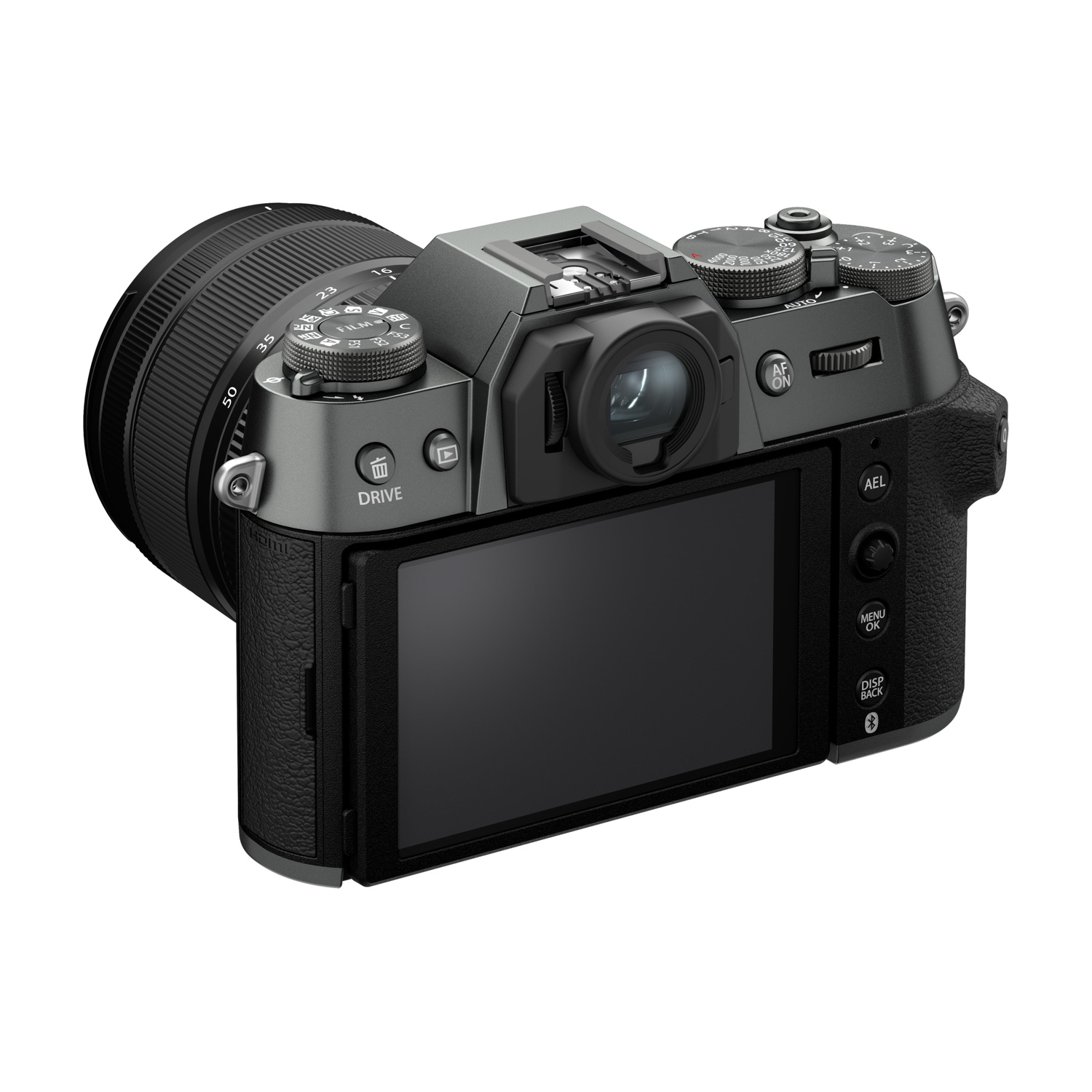 Una fotocamera digitale Fujifilm grigia con obiettivo nero e schermo LCD inclinato.