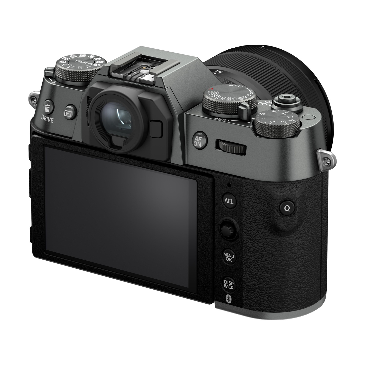 Fotocamera digitale grigia con obiettivo, schermo e controlli su sfondo bianco.