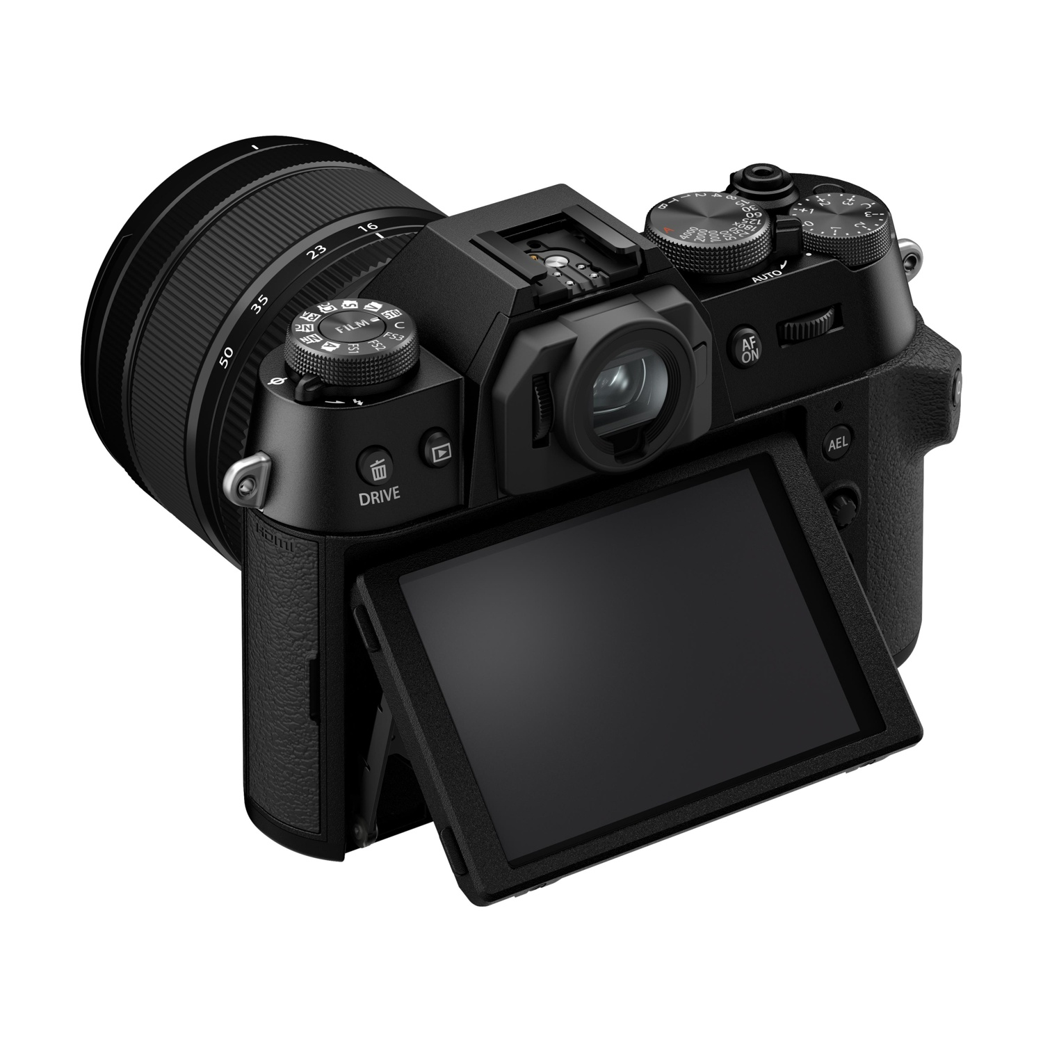Una fotocamera digitale nera con schermo estraibile e obiettivo.