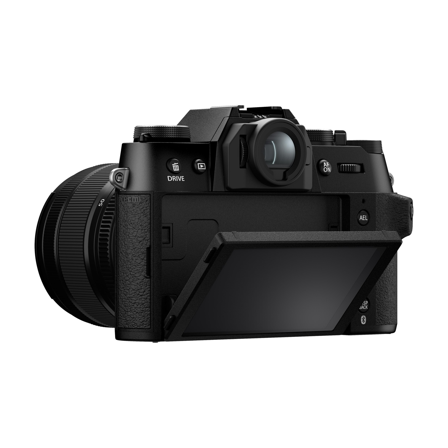 Fotocamera nera con schermo e obiettivo aperti su sfondo bianco.