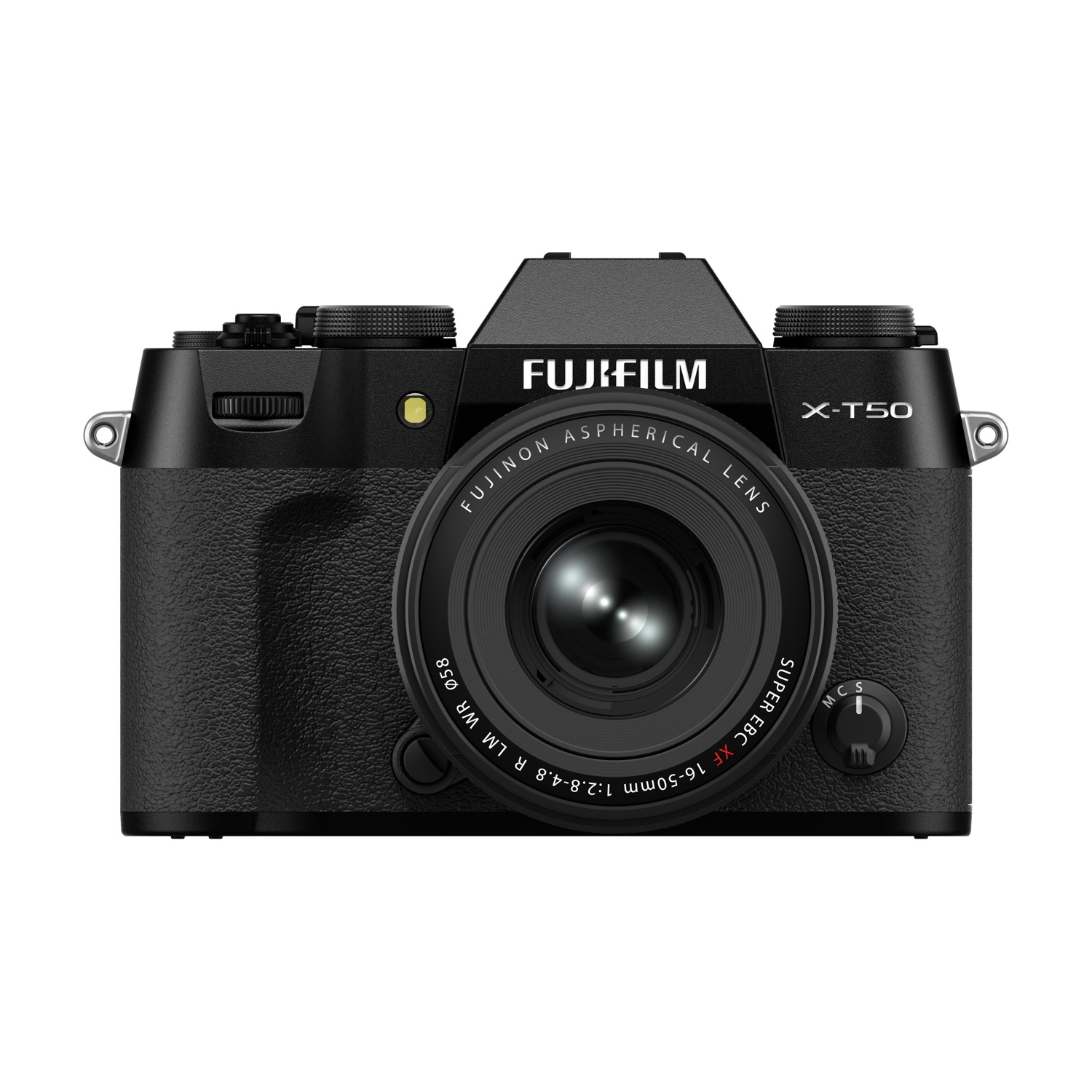 Fotocamera Fujifilm X-T50 nera con obiettivo Fujinon, vista frontale.