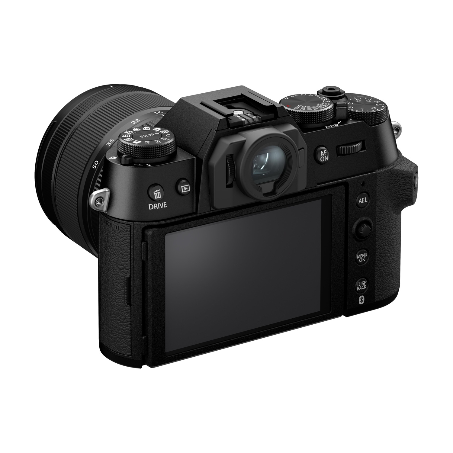 Fotocamera digitale nera con obiettivo attaccato, mostra controlli posteriori e schermo.