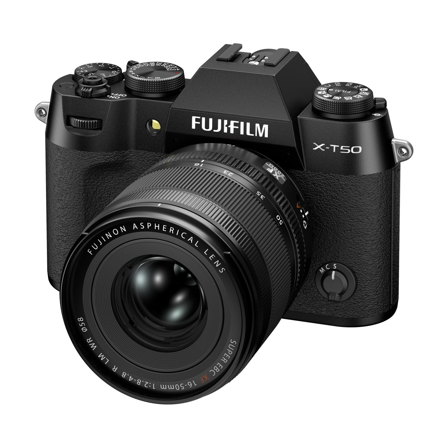 Fotocamera Fujifilm X-T50 nera con obiettivo Fujinon 16-50mm su sfondo bianco.