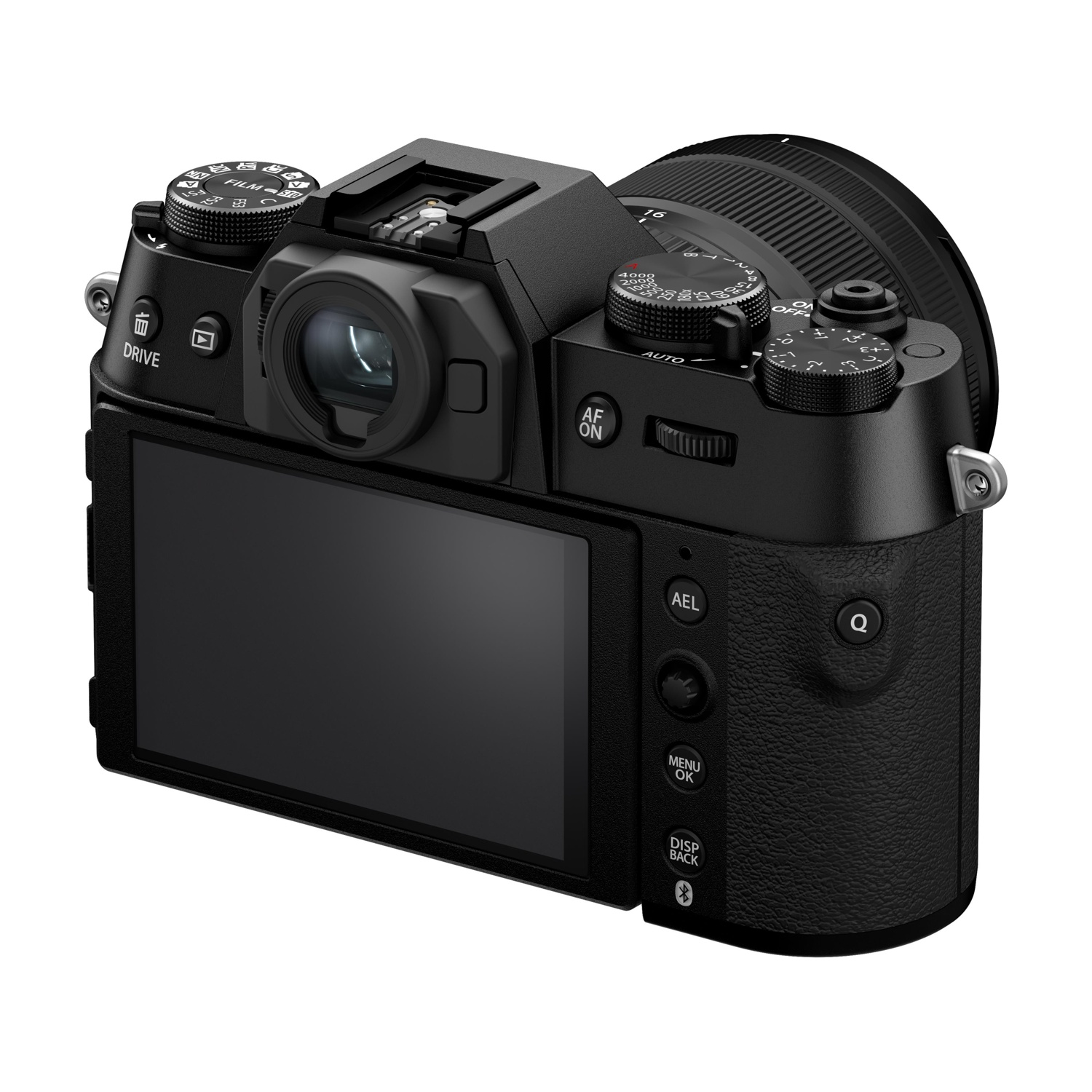 Fotocamera reflex digitale Fuji Film nera con schermo LCD e ghiere.