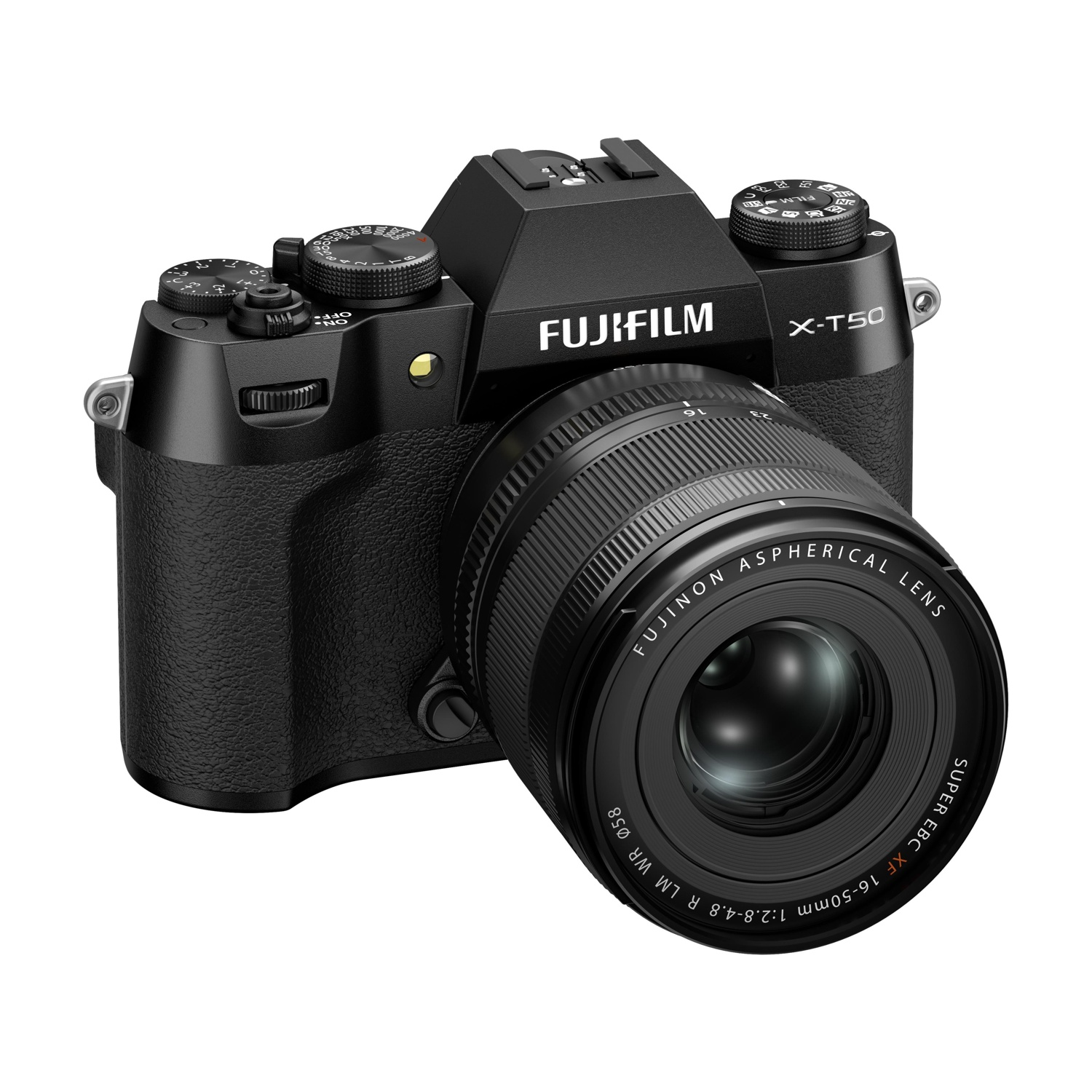 Una fotocamera Fujifilm X-T50 nera con obiettivo Fujinon 16-50mm.
