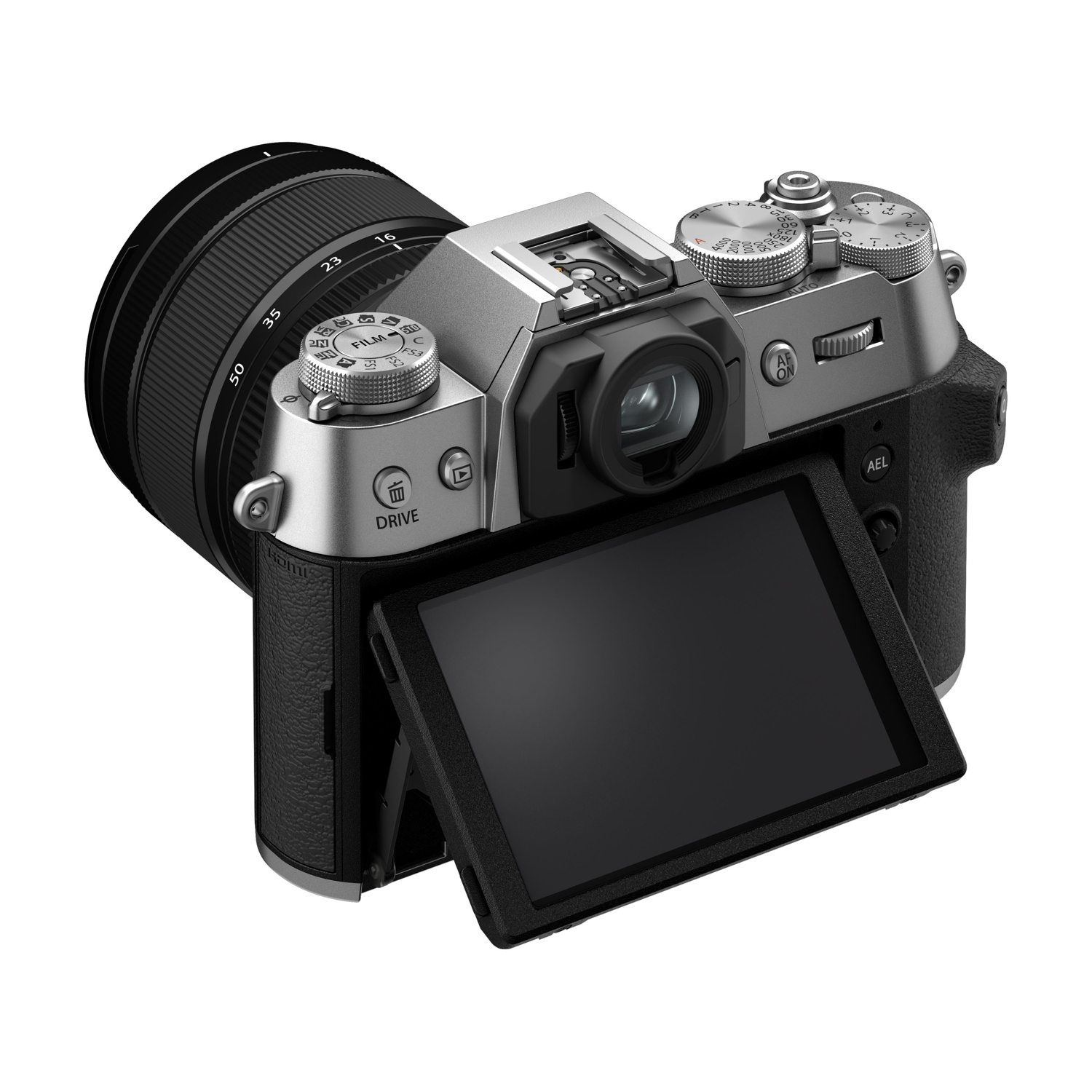 Una fotocamera argentata con obiettivo e schermo ribaltabile.