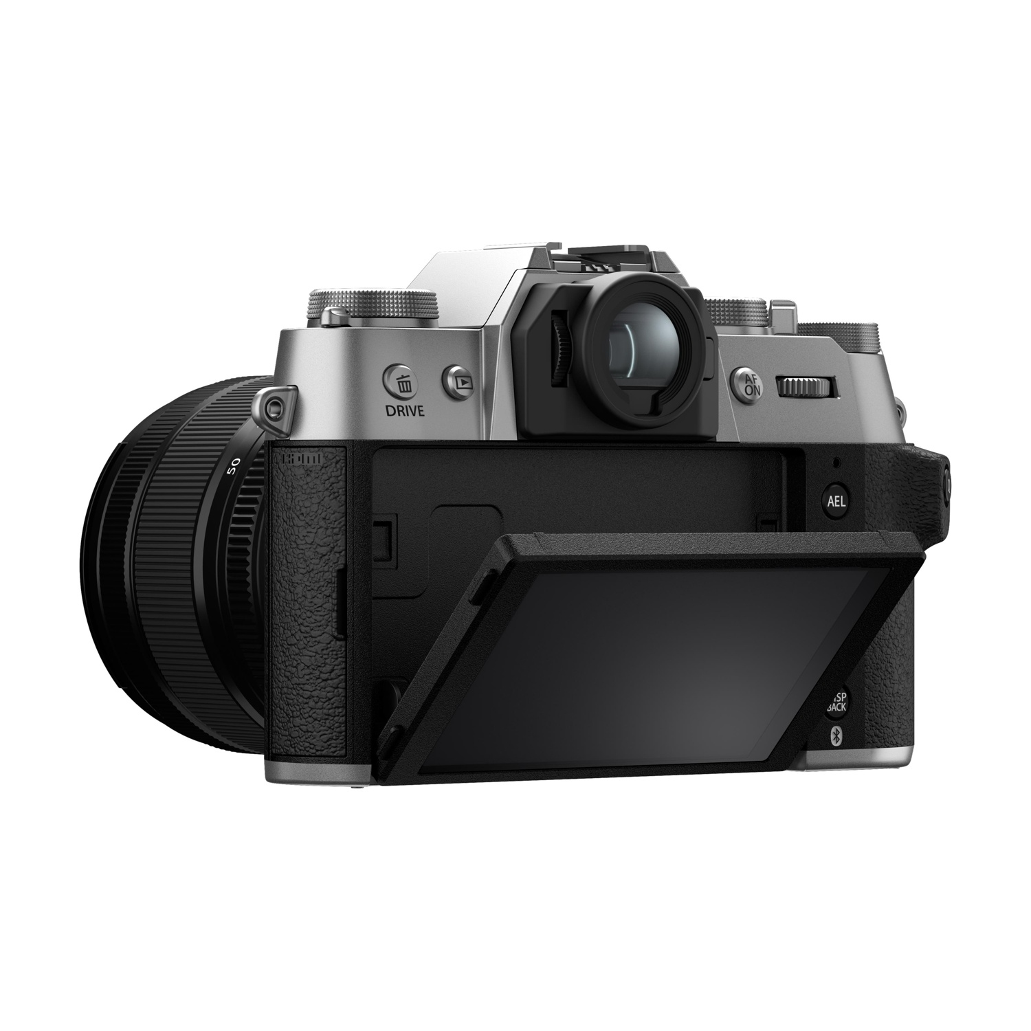 Fotocamera argentata con schermo e obiettivo aperti.