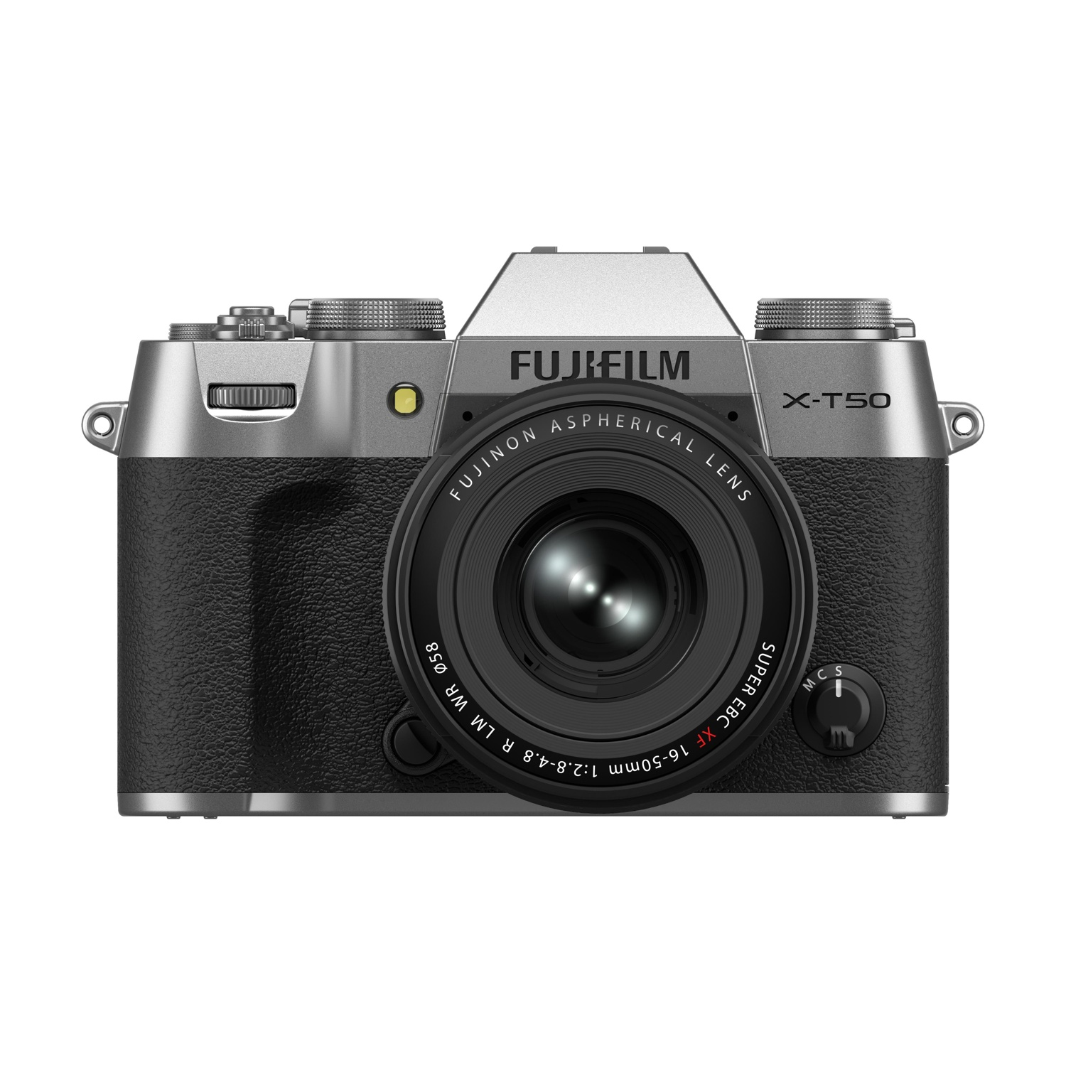 Fotocamera Fujifilm X-T50 con corpo argento e nero, vista frontale obiettivo.