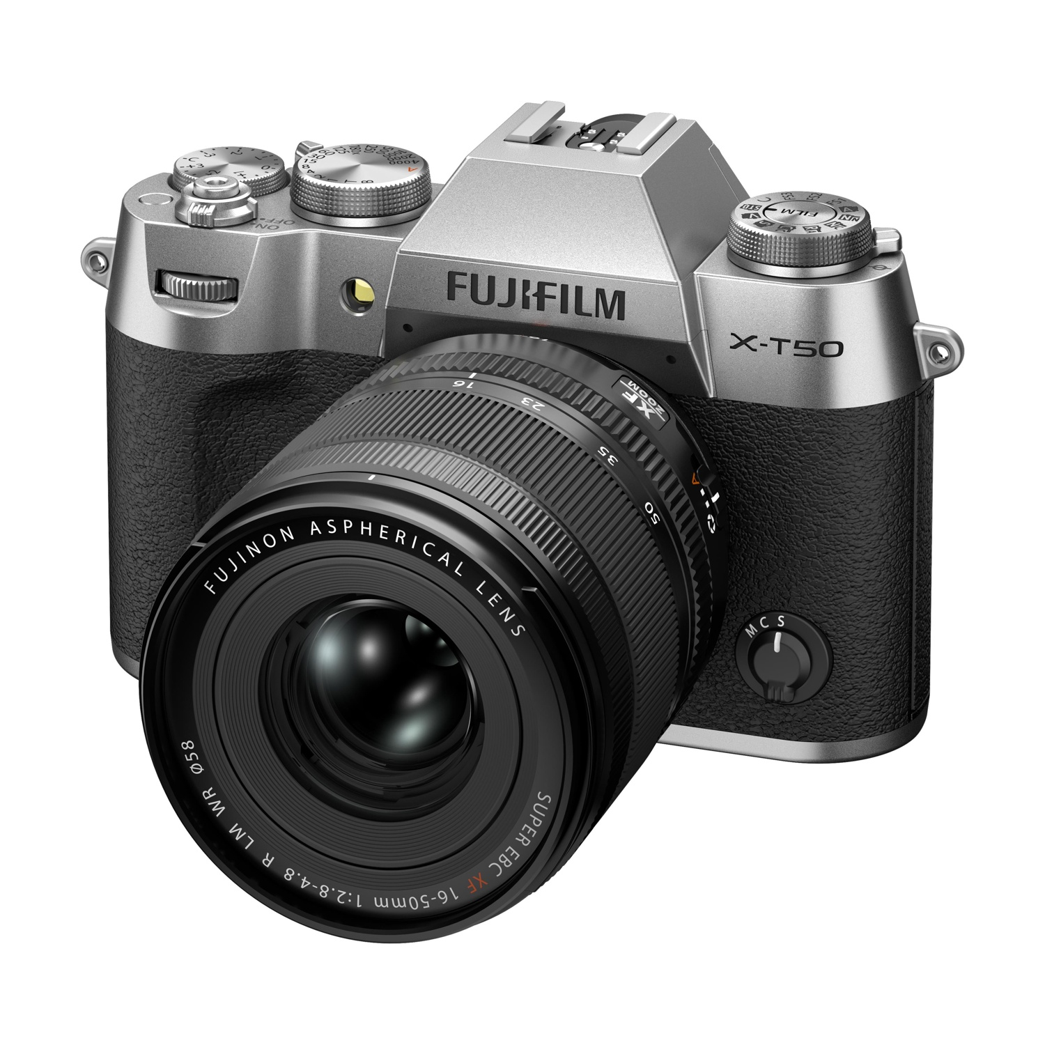 Fotocamera Fujifilm X-T50 argento con obiettivo Fujinon 16-50mm nero, su sfondo bianco.