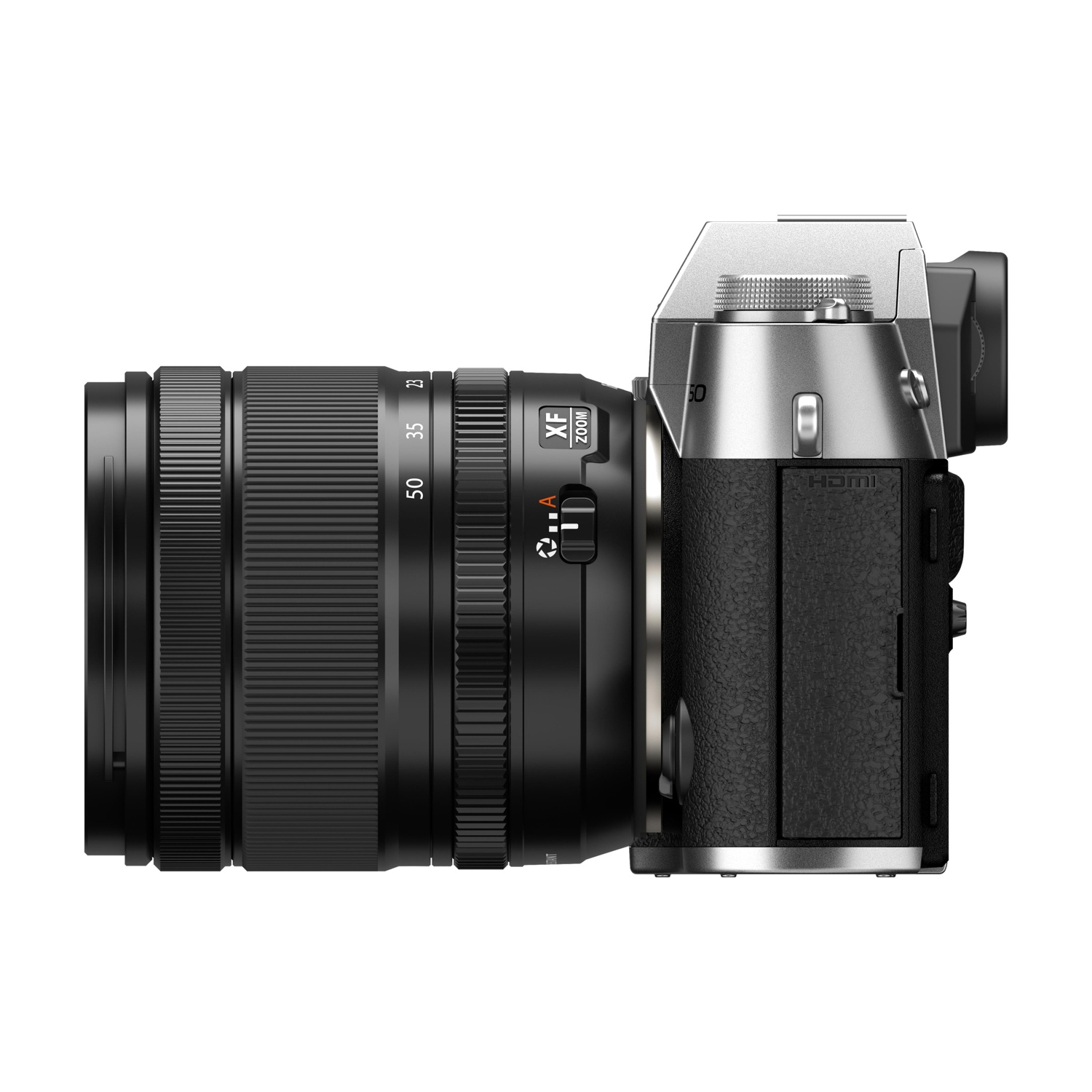 Fotocamera argento e nero con obiettivo zoom, vista laterale.