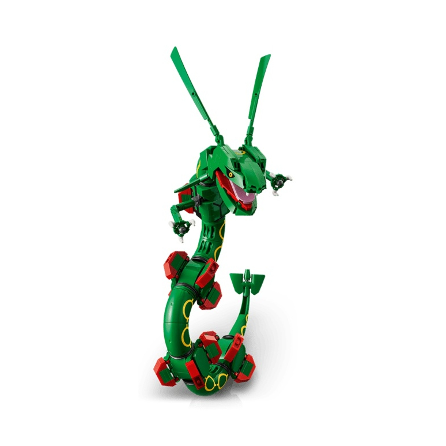 Drago Lego verde con accenti rossi e anelli gialli.