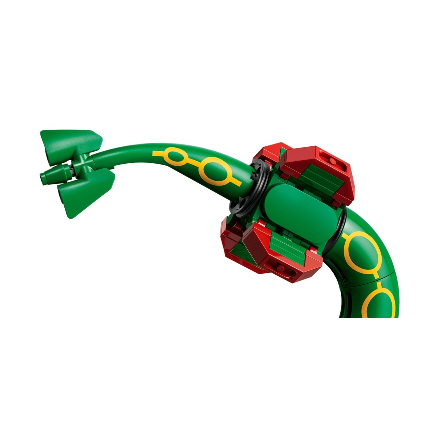 Un oggetto Lego verde con anelli gialli e accenti rossi.