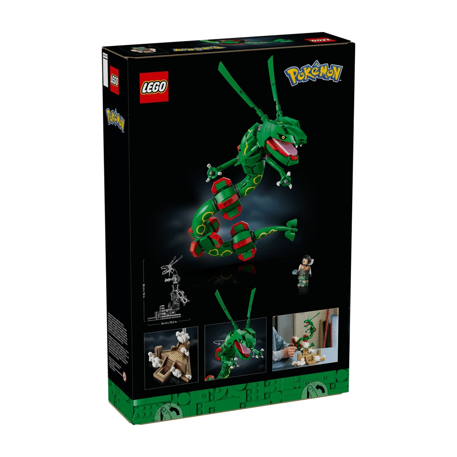 Scatola LEGO mostra kit di costruzione drago Rayquaza verde con loghi LEGO e Pokémon.