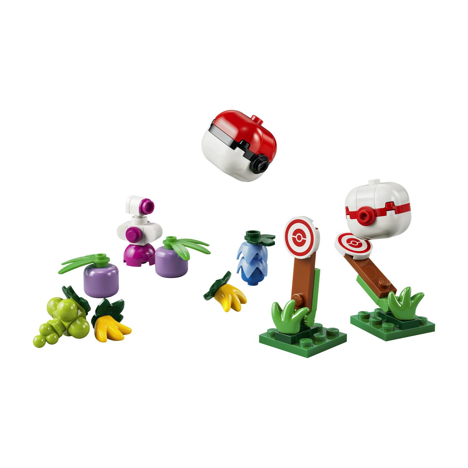 Giocattoli Lego: Pokeball, bacche, verdure e bersagli su basi verdi.
