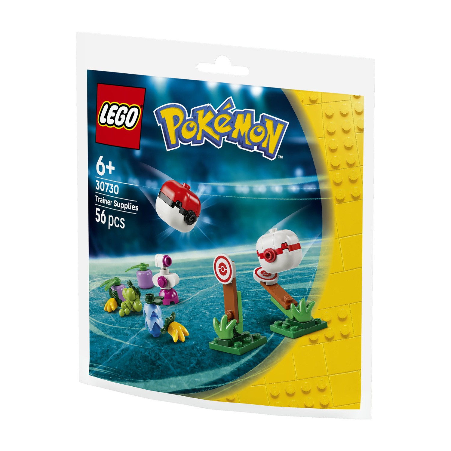 Set LEGO Pokémon Trainer Supplies con Poké Ball e figure su sfondo blu.