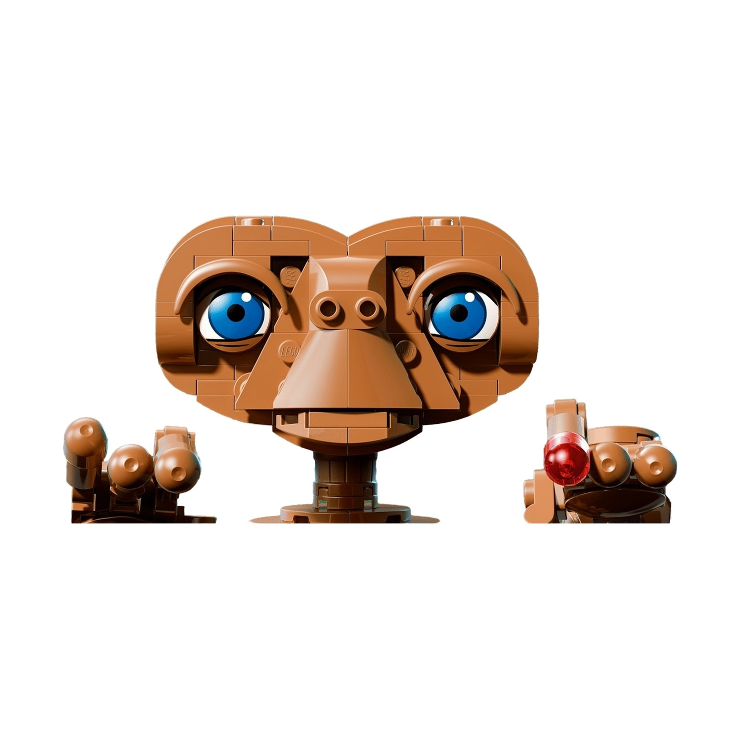 Un modello Lego marrone della testa di E.T. con occhi e dita blu.