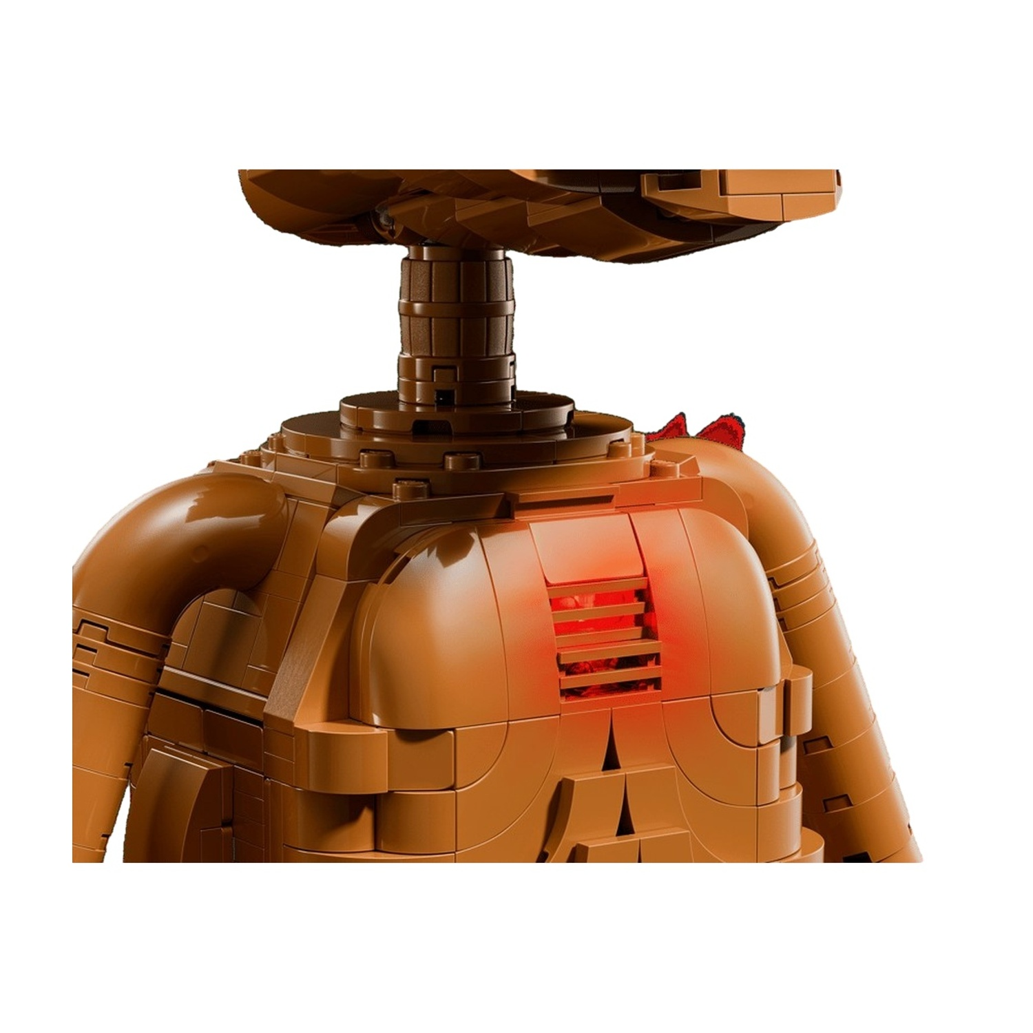 Torso robot Lego marrone con scatola toracica rossa luminosa.