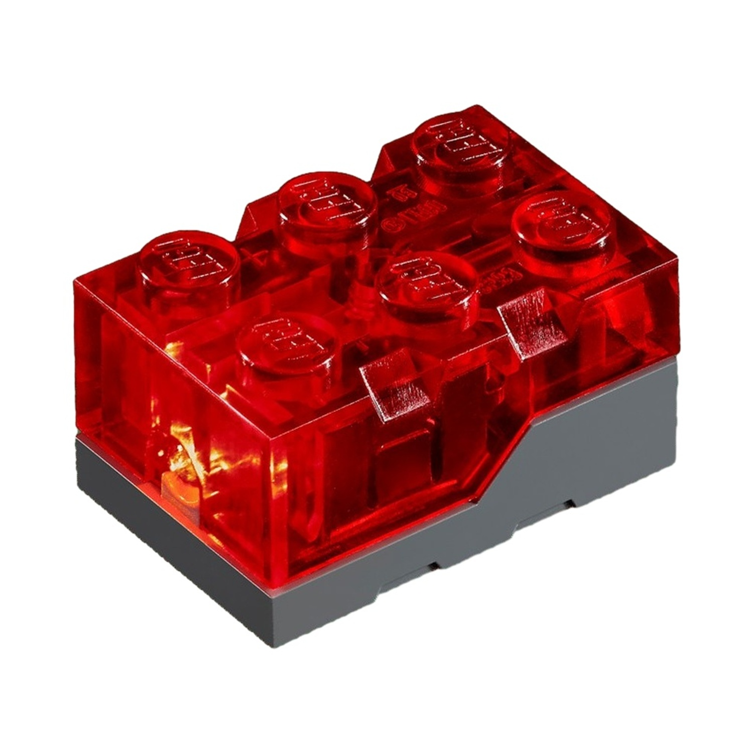 Mattone Lego rosso trasparente con base grigia, illuminato.