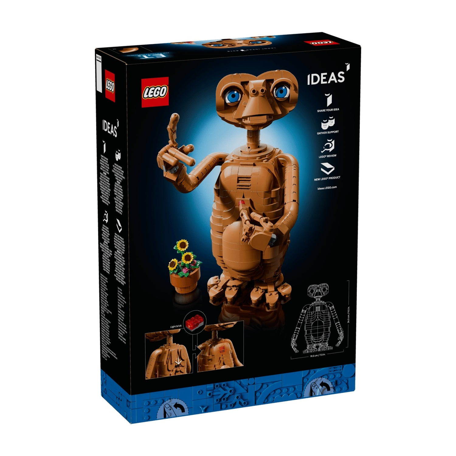 Scatola Lego Ideas con figura di E.T., piccola pianta in vaso e dettagli di costruzione.