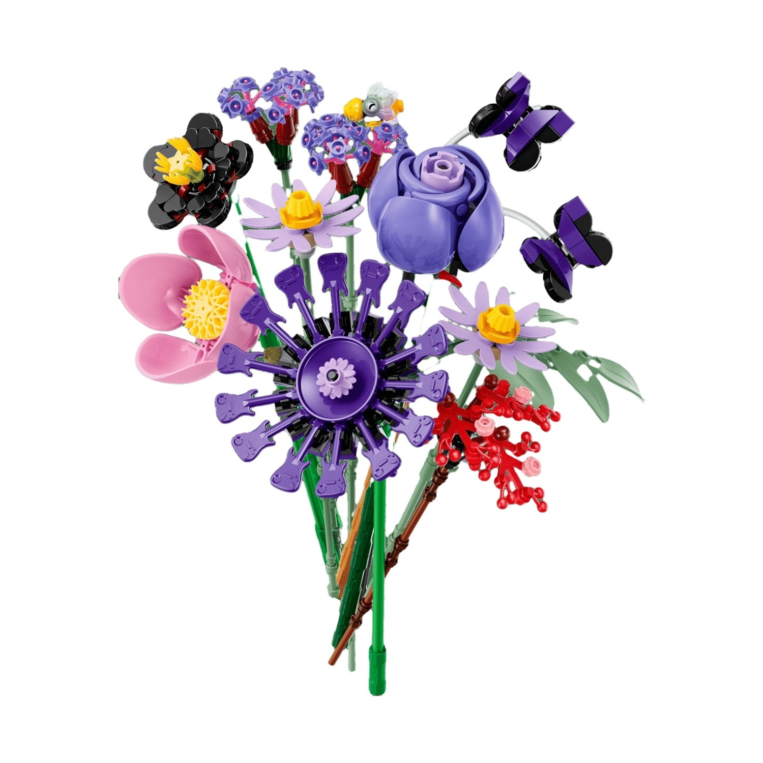 Mazzo di fiori Lego colorato con farfalle.