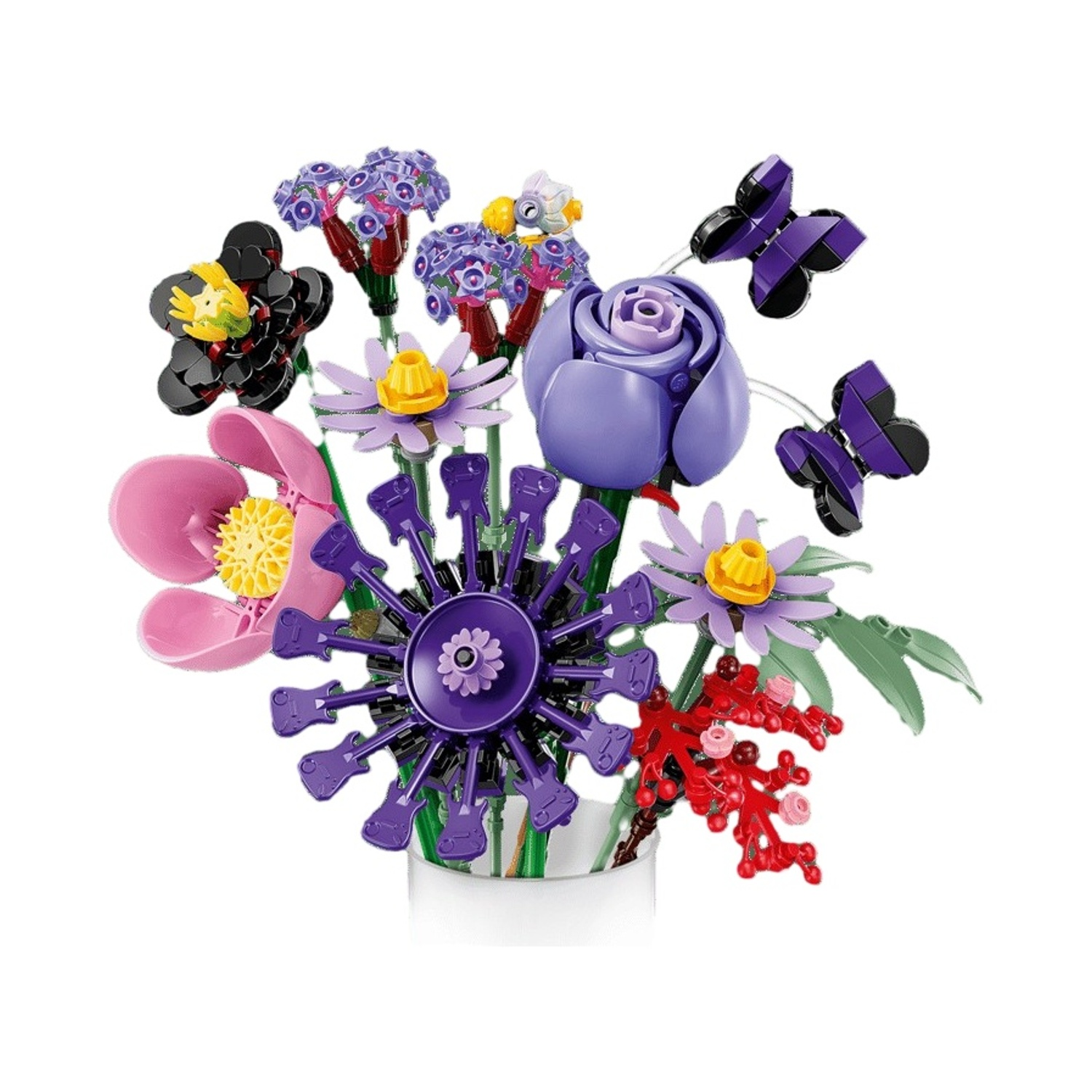 Un bouquet di fiori e farfalle LEGO colorati in un vaso bianco.