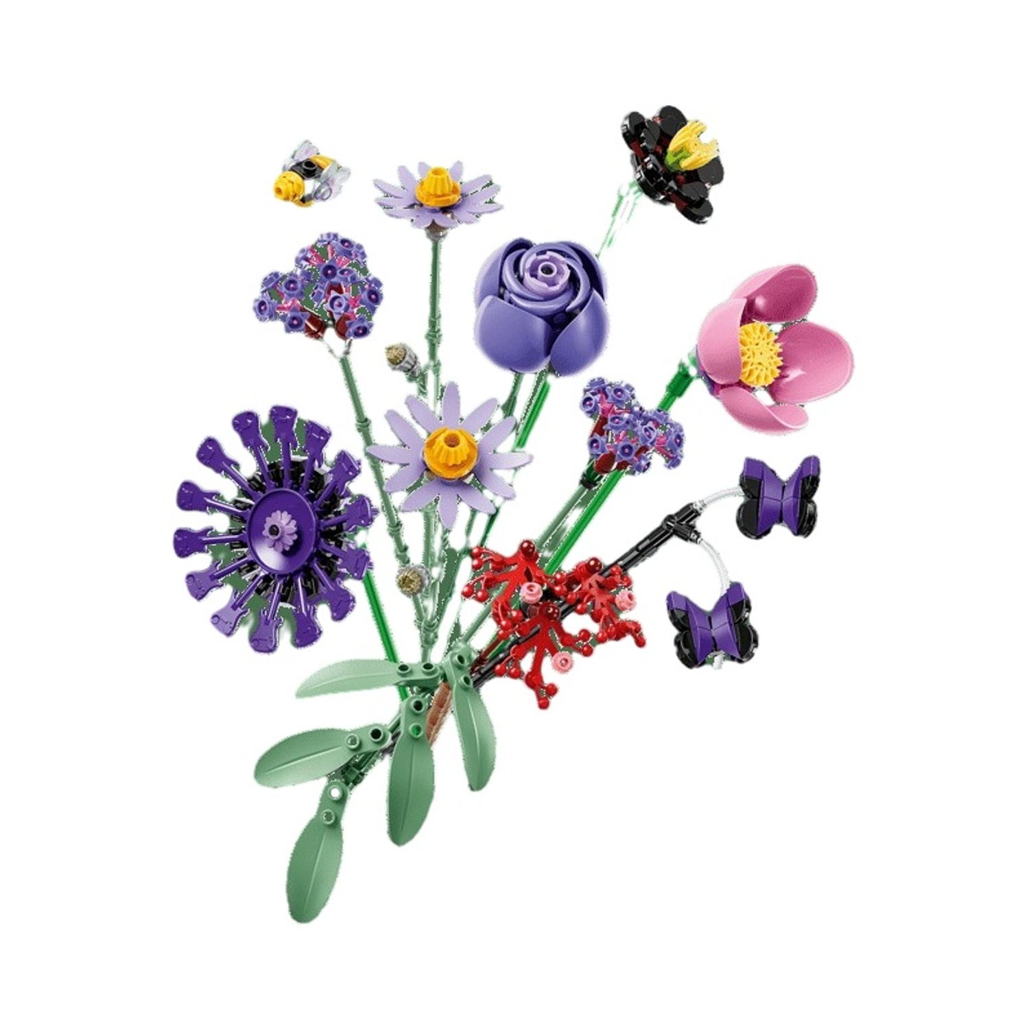 Un bouquet di fiori LEGO colorati con farfalle e un'ape.