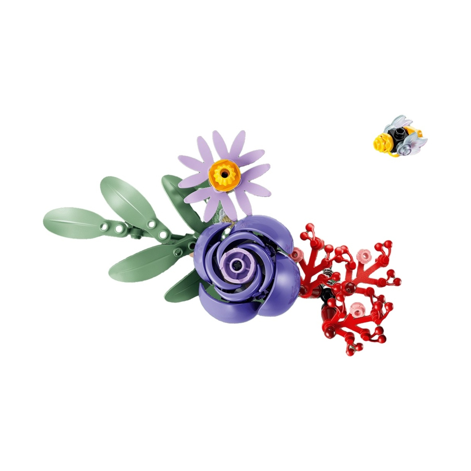 Rosa viola, margherita, corallo rosso, foglie verdi, ape.