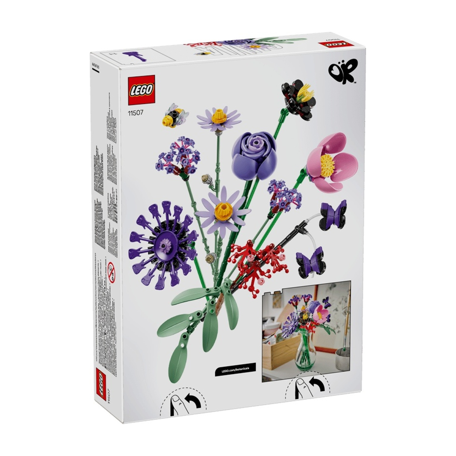 Scatola set botanico LEGO con fiori colorati, api e farfalle costruite con mattoncini.