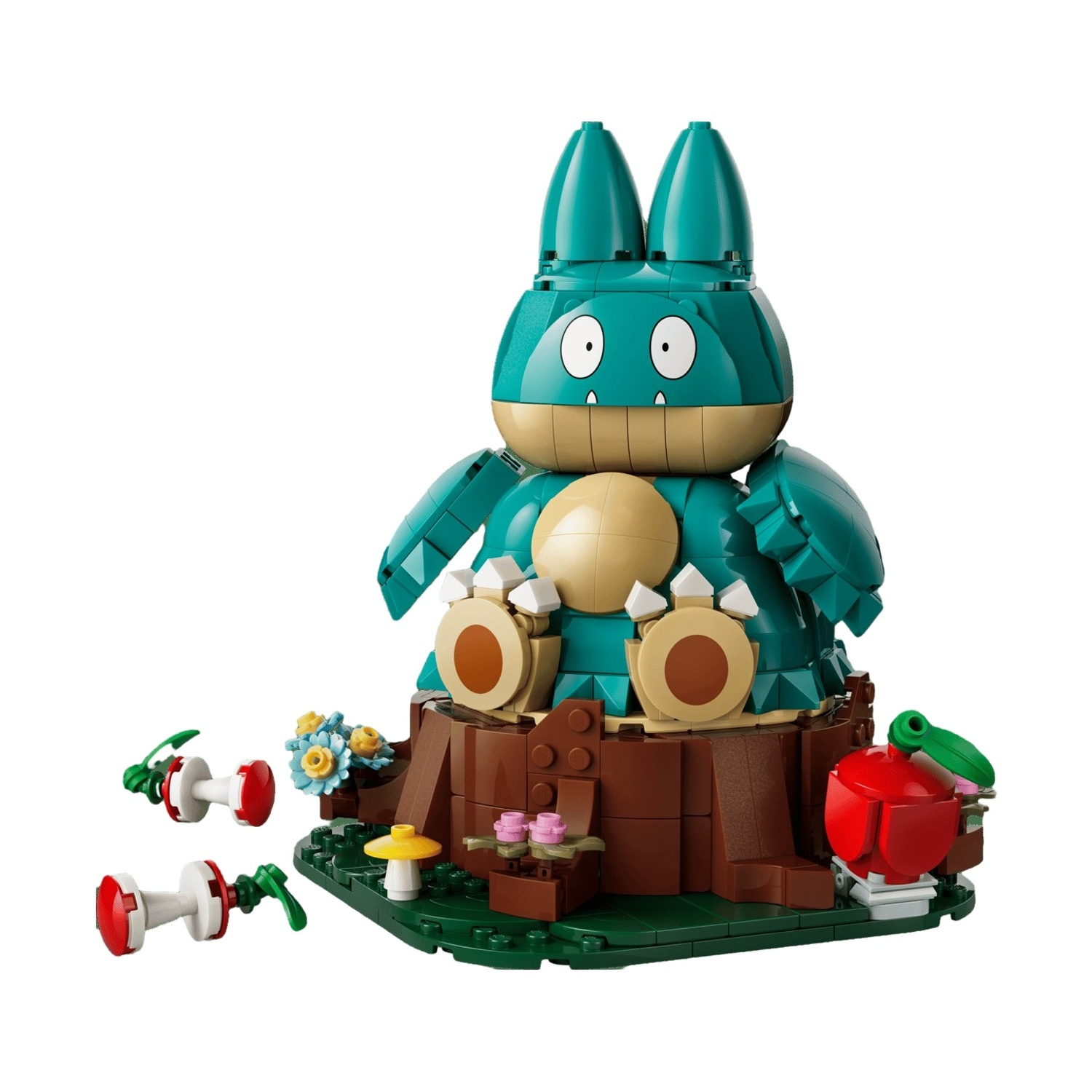 Uno Snorlax Lego verde siede su un ceppo con fiori e funghi.