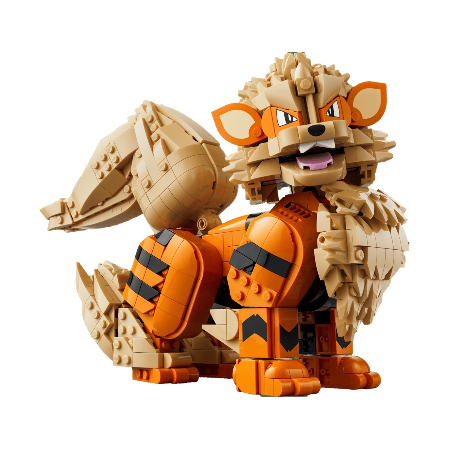 Una figura Lego Arcanine color cuoio e arancione è seduta, guarda avanti con la lingua fuori.