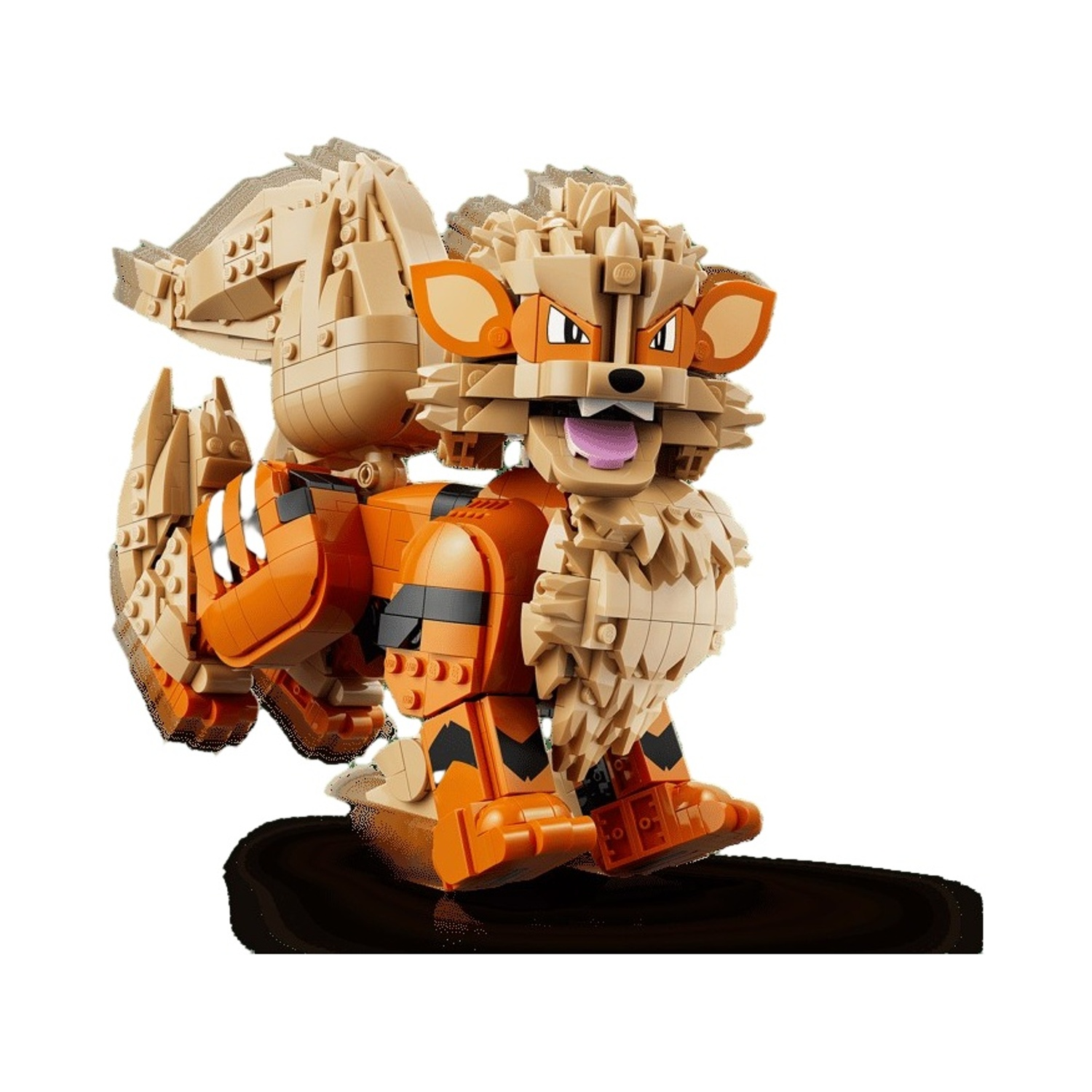 Un modello Lego Pokémon Arcanine color cuoio e arancione con la lingua fuori.