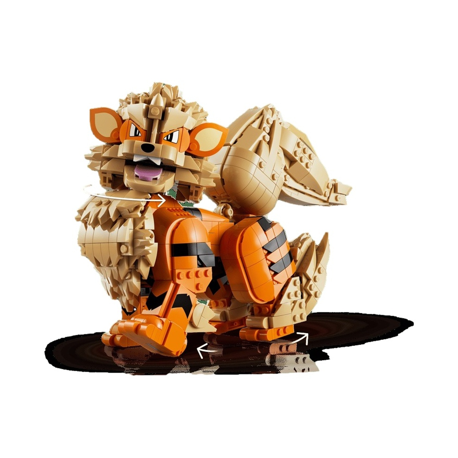 Un cucciolo di Lego color camoscio e arancione con la bocca aperta.